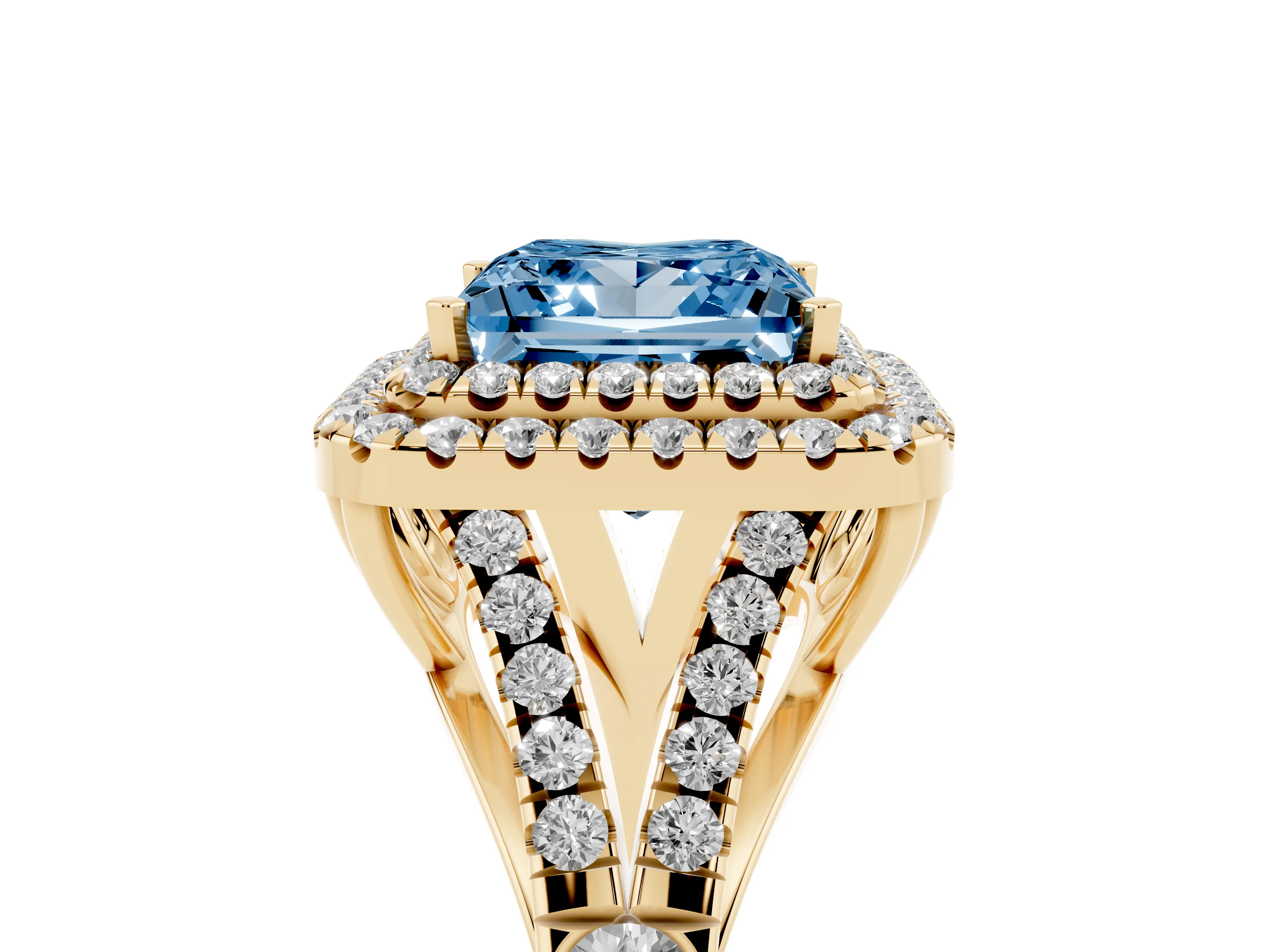 Fancy Blue Princess Cut Diamond Pavé Split Shank Double Halo Engagement Ring Set in Yellow gold