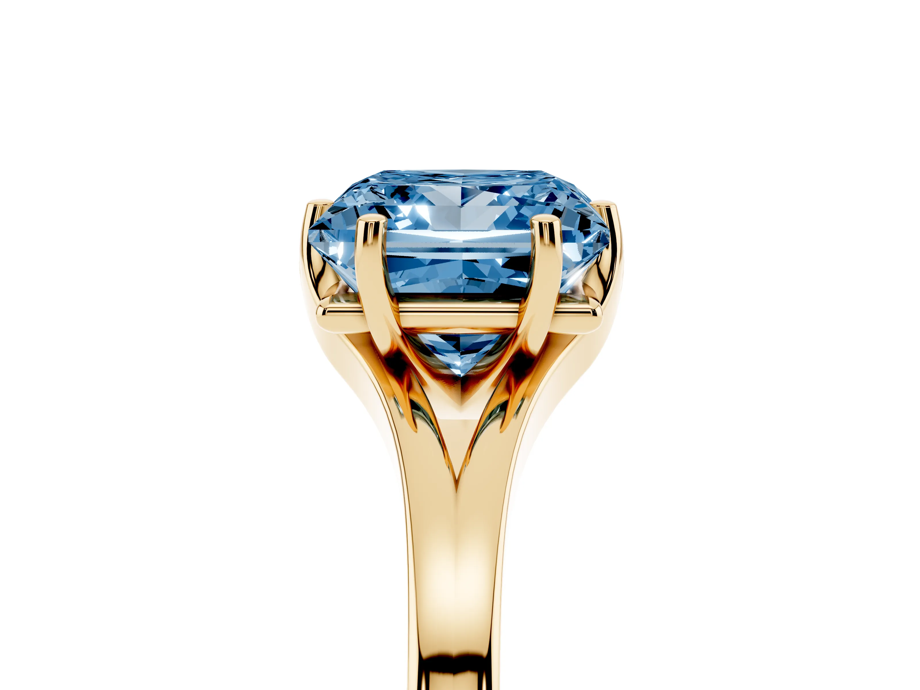 Fancy Blue Princess Cut Diamond Solitaire Ring Set in Yellow gold with Polished Tapered Band and Prong Setting