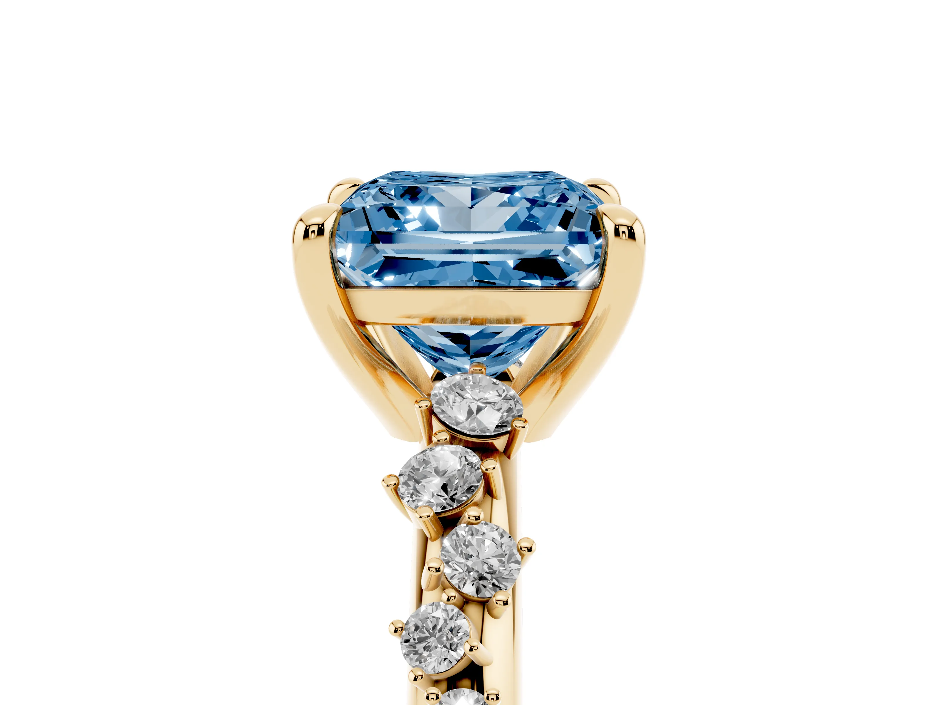 Fancy Blue Princess Cut Diamond Solitaire Vine Band Ring Set in Yellow gold with Round Accents and Prong Setting