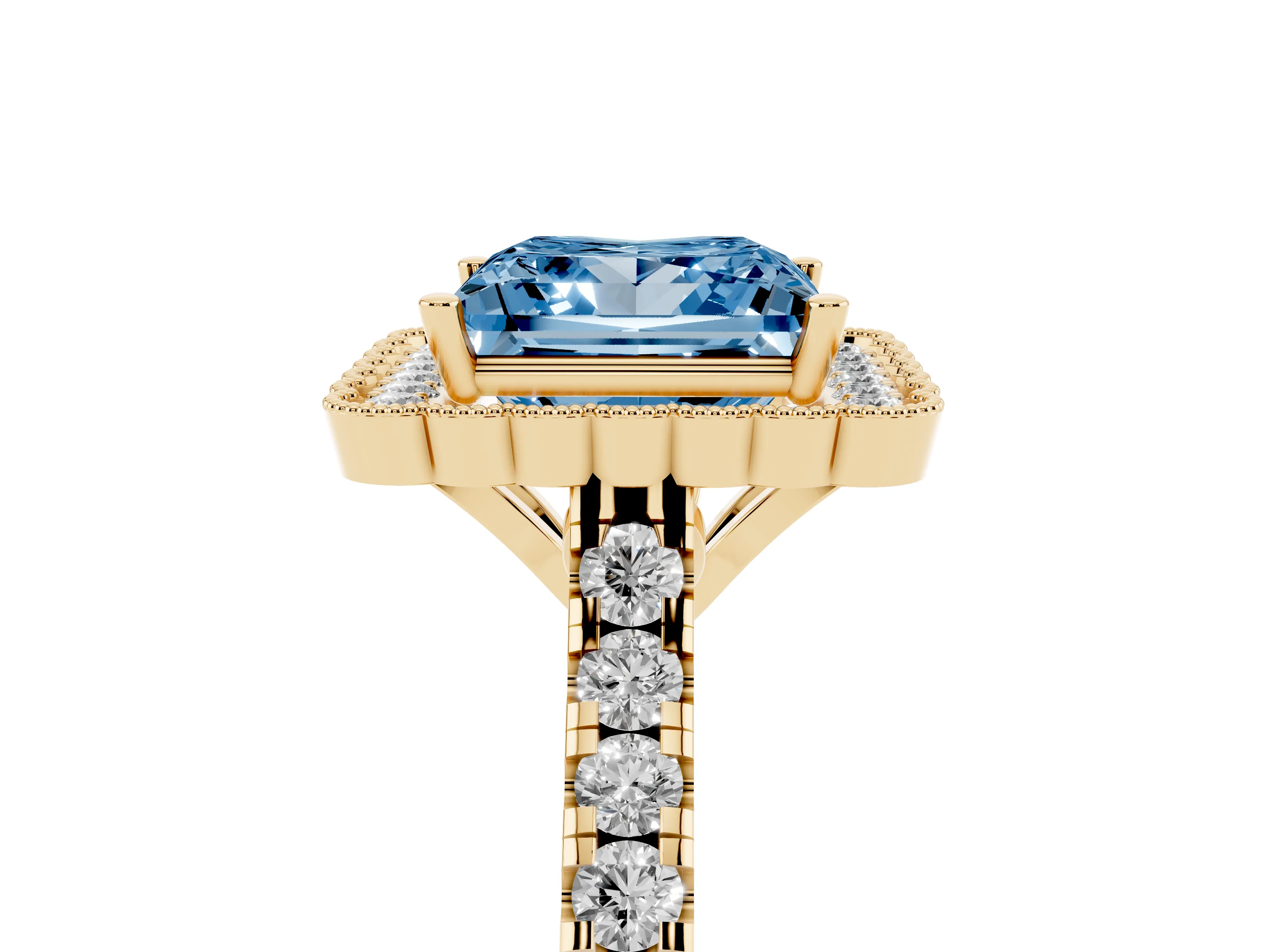 Fancy Blue Princess Cut Diamond Milgrain Floral Halo Engagement Ring Set in Yellow gold with Pavé Band