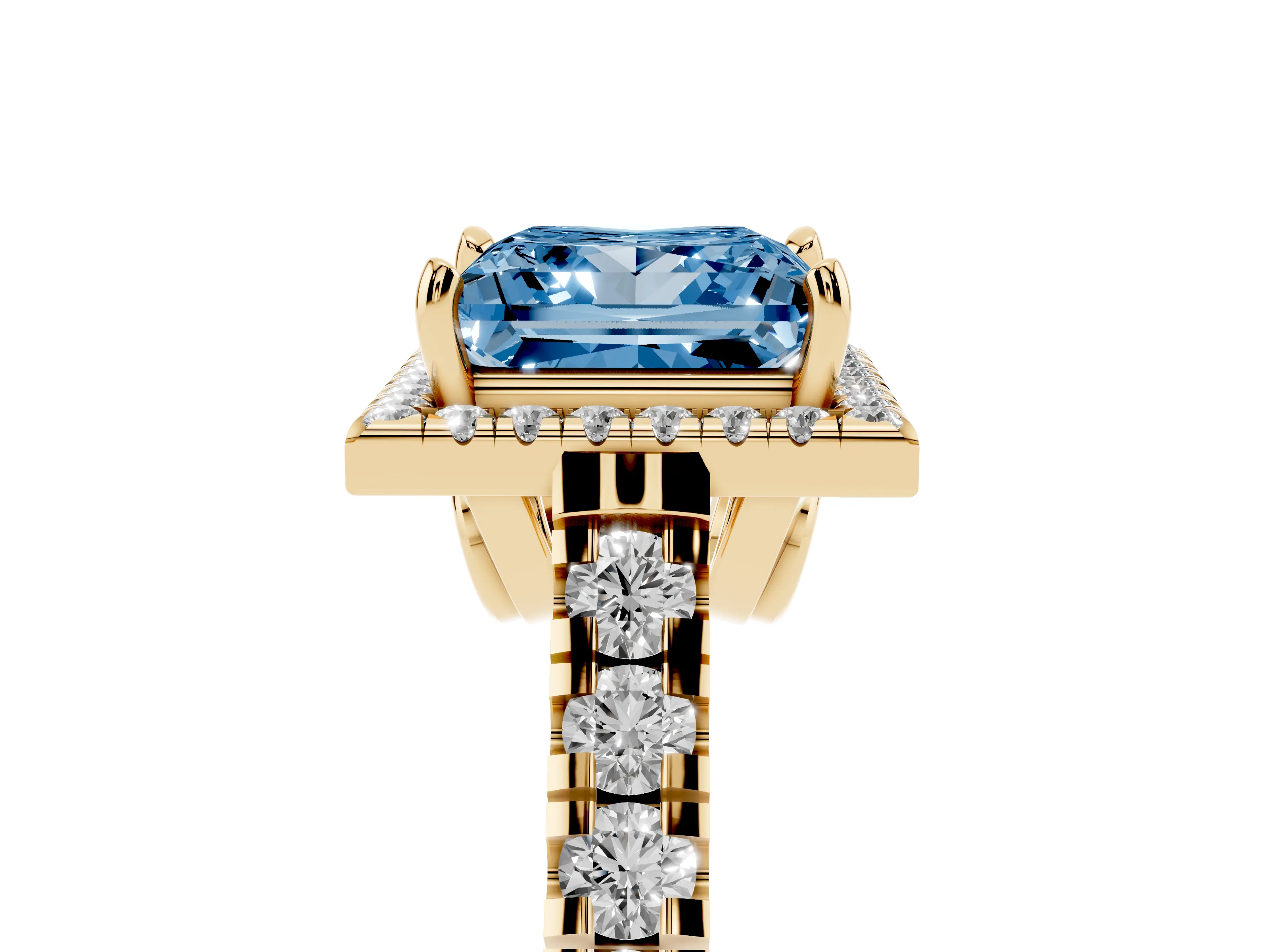 Fancy Blue Princess Cut Diamond Halo Engagement Ring Set in Yellow gold with Pavé Band and Prong-Set Center