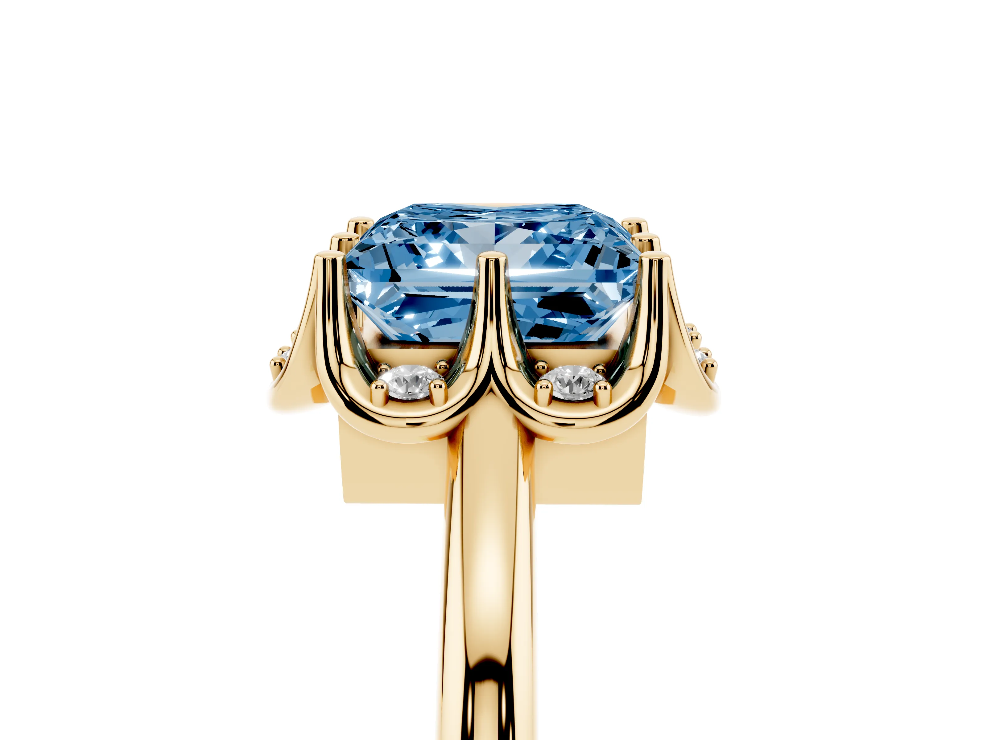 Fancy Blue Princess Cut Diamond Round Cluster Halo Ring Set in Yellow gold with Solitaire Band and Prong Setting