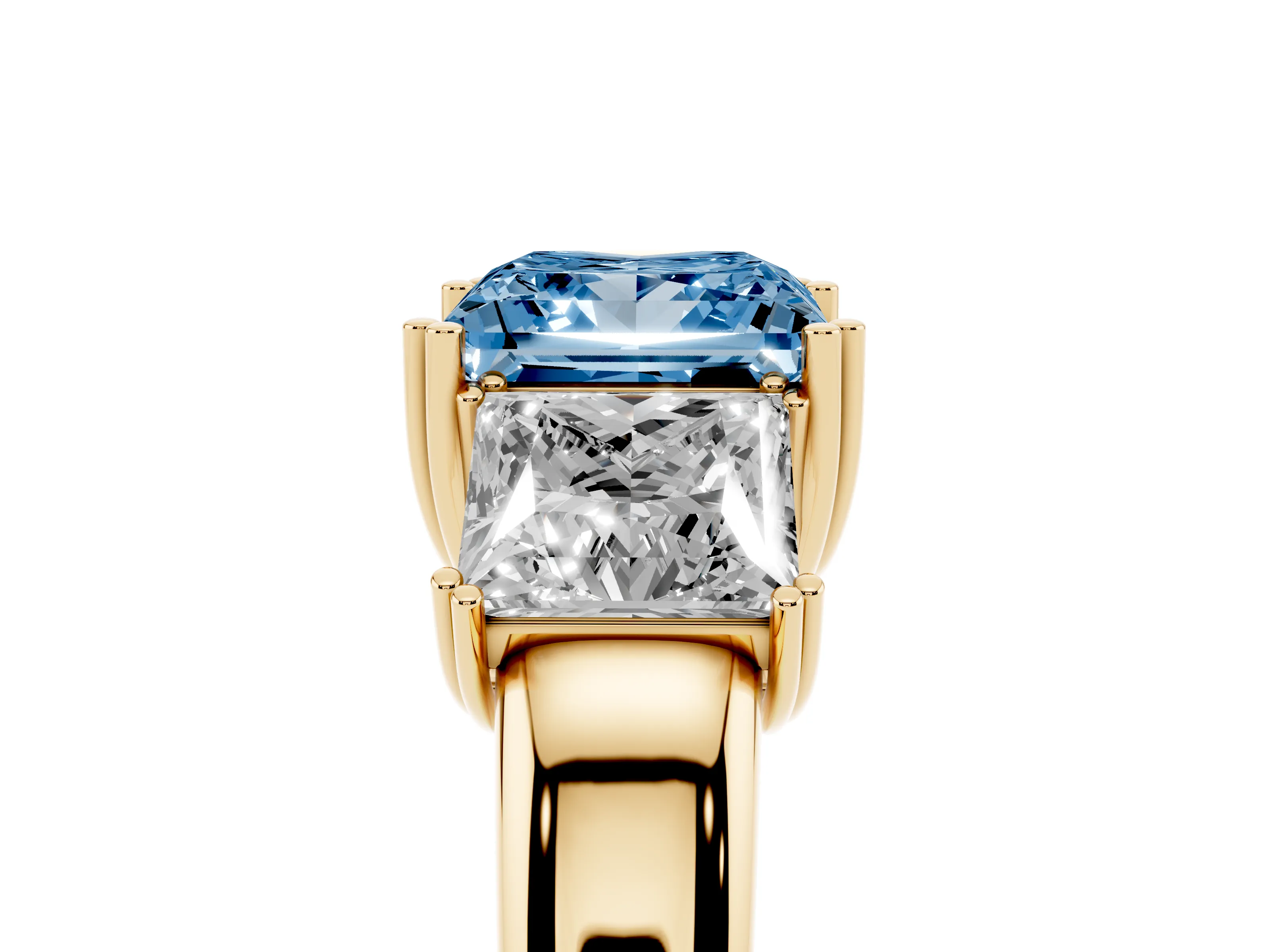Fancy Blue Princess Cut Diamond Three-Stone Ring Set in Yellow gold with Polished Channel-Set Band