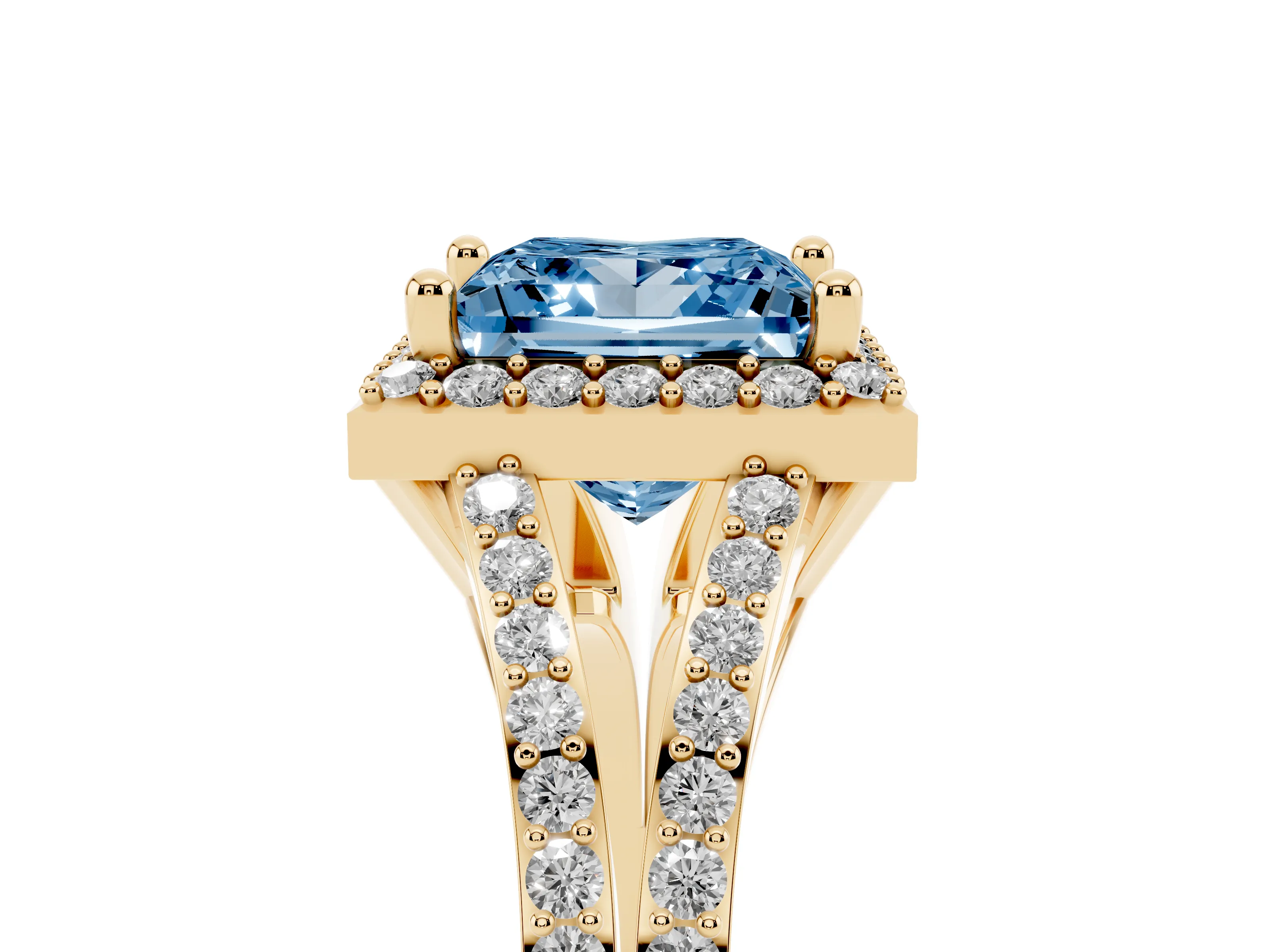 Fancy Blue Princess Cut Diamond Halo Split Shank Pavé Ring Set in Yellow gold with Prong Setting