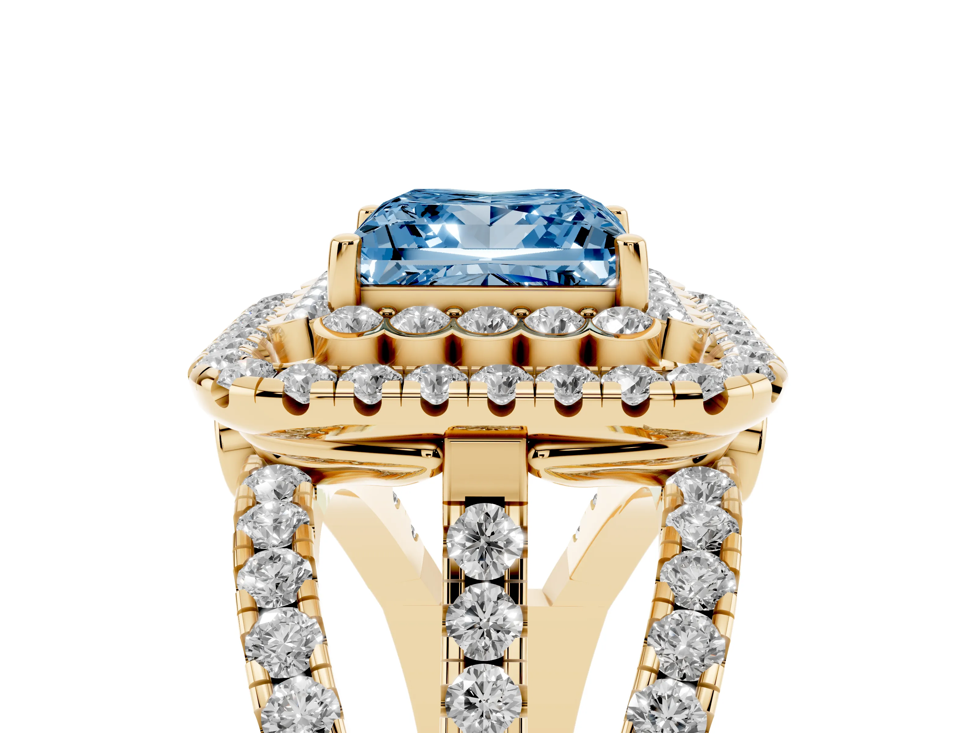 Fancy Blue Princess Cut Diamond Double Halo Ring Set in Yellow gold with Round Pavé Split Shank