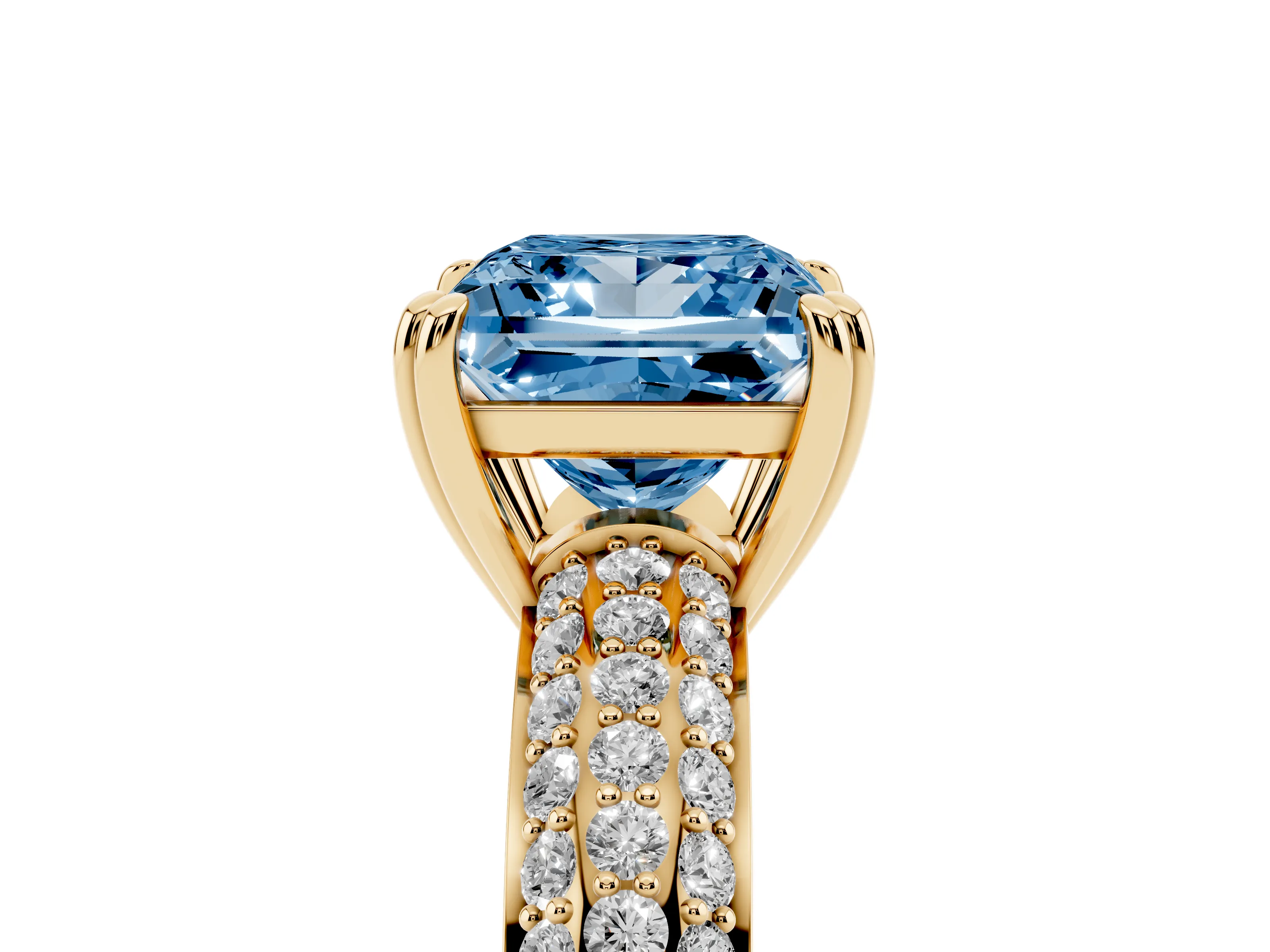 Fancy Blue Princess Cut Diamond Solitaire Ring Set in Yellow gold with Multi-Row Round Pavé Band and Prong Setting