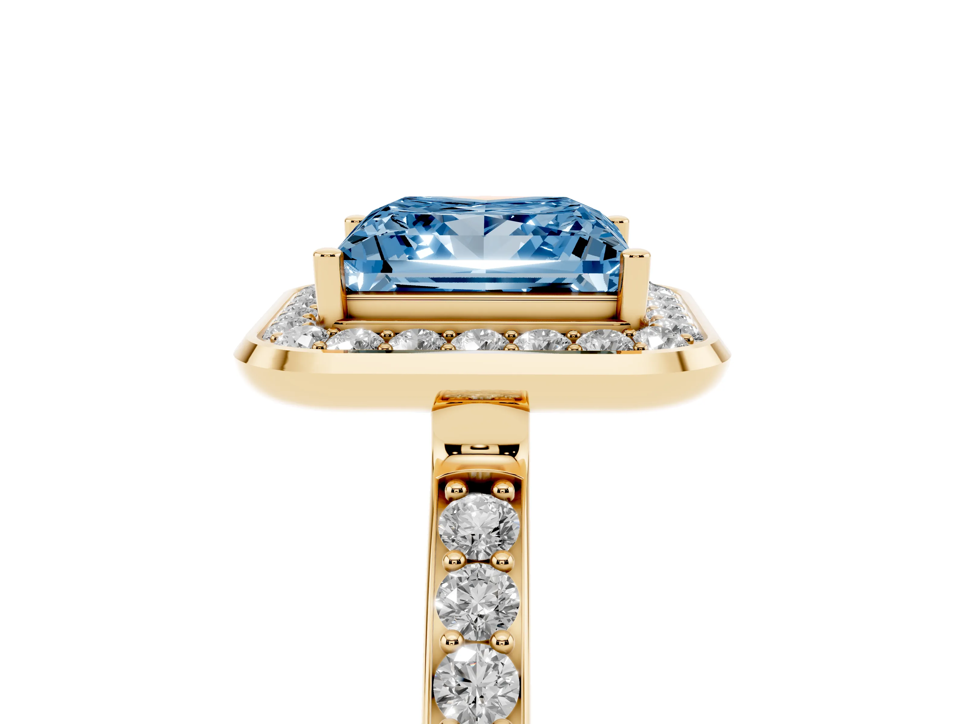 Fancy Blue Princess Cut Diamond Halo Ring Set in Yellow gold with Bezel Frame and Pavé Band
