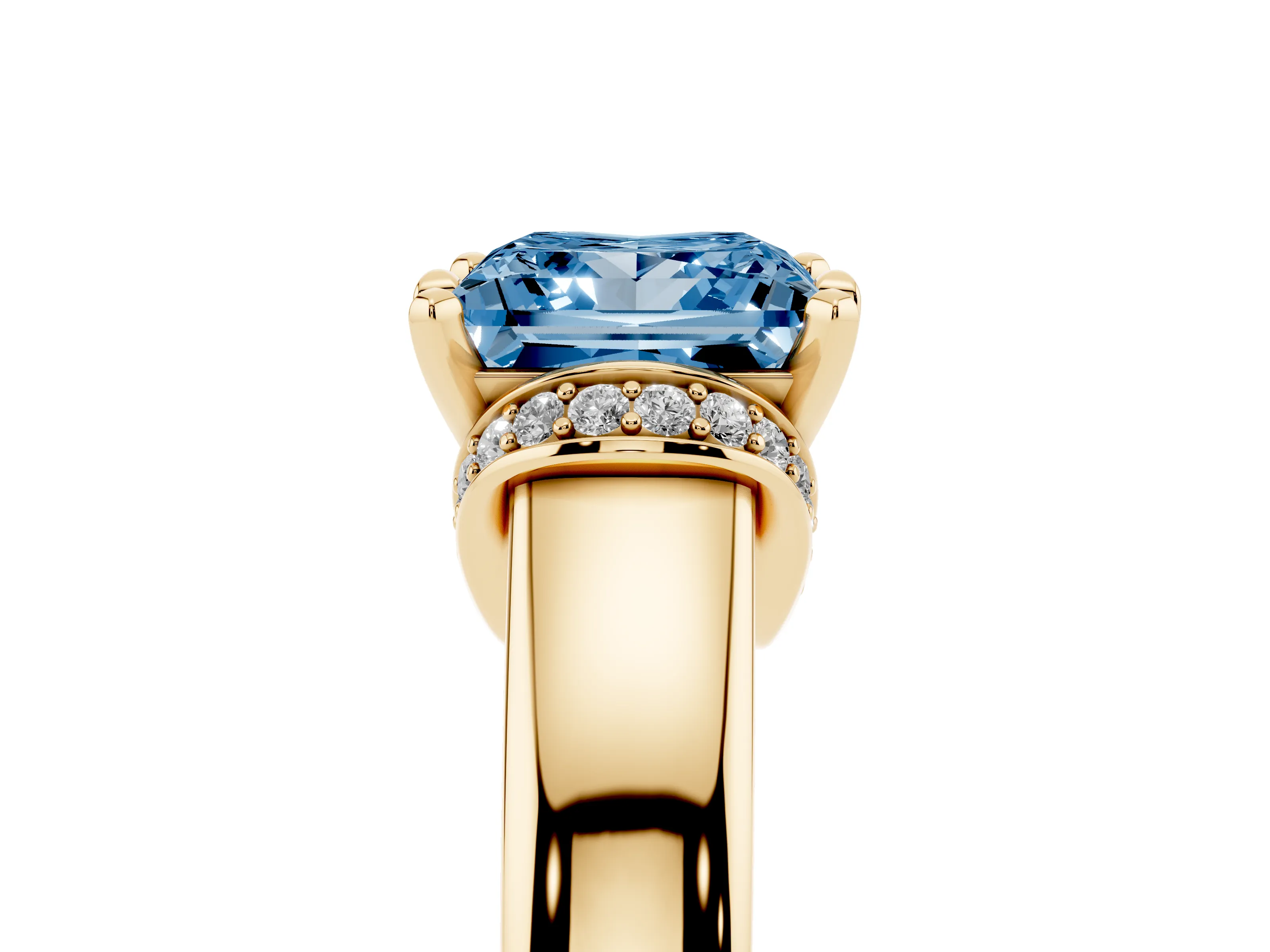 Fancy Blue Princess Cut Diamond Pavé Band Solitaire Ring Set in Yellow gold with Prong Setting