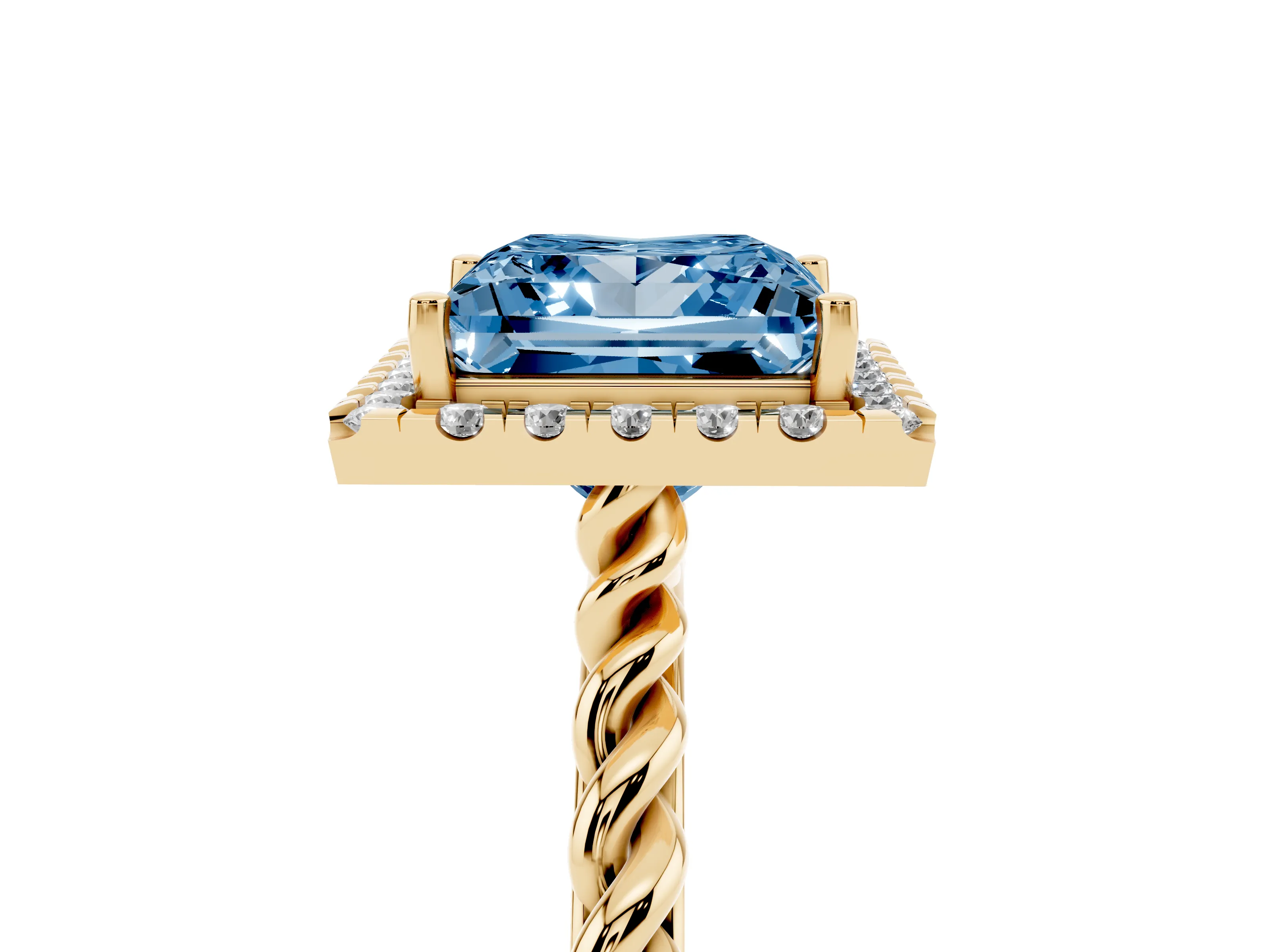 Fancy Blue Princess Cut Diamond Halo Ring Set in Yellow gold with Plain Twisted Band