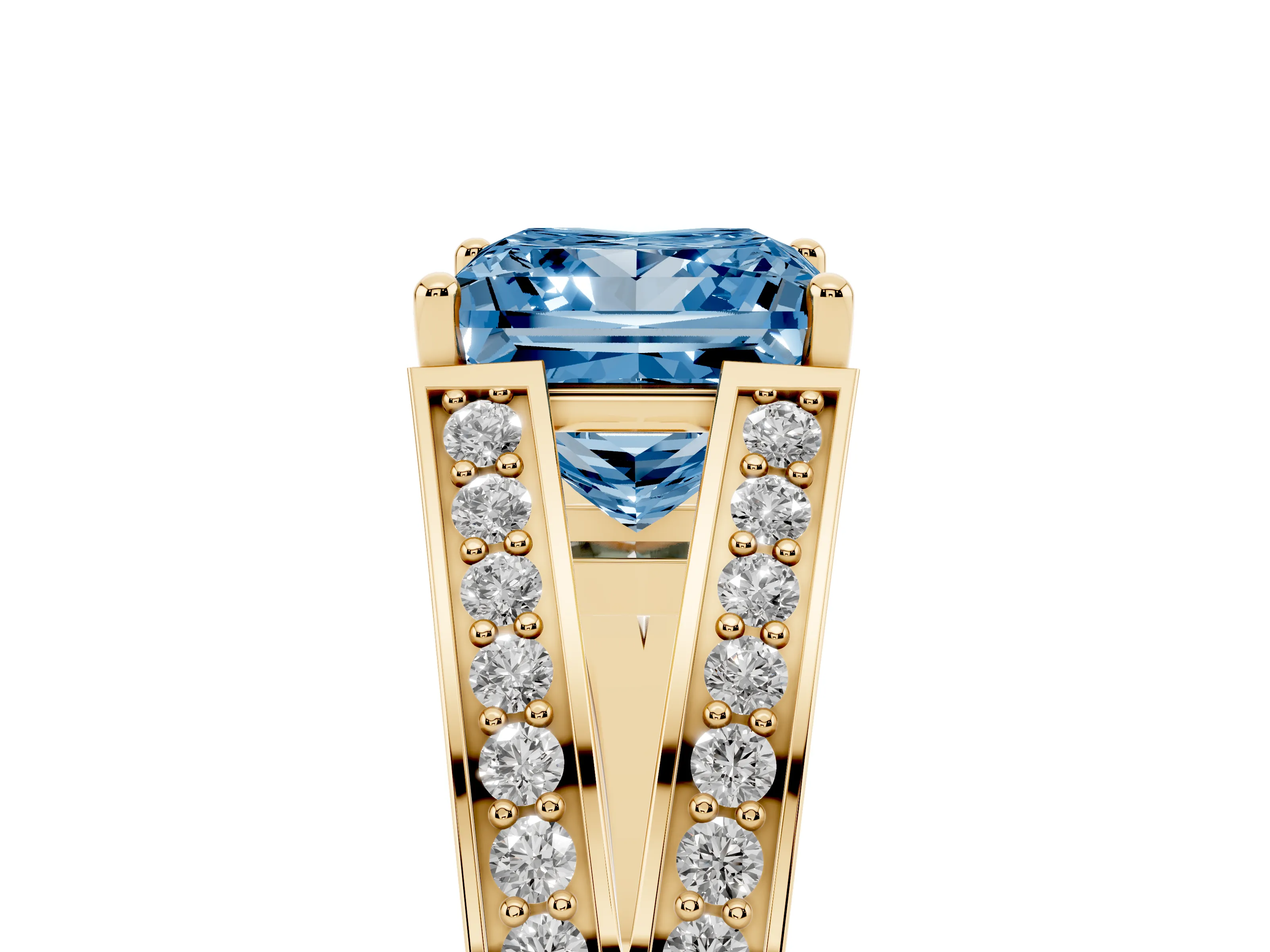 Fancy Blue Princess Cut Diamond Split Shank Ring Set in Yellow gold with Pavé Band and Prong Setting