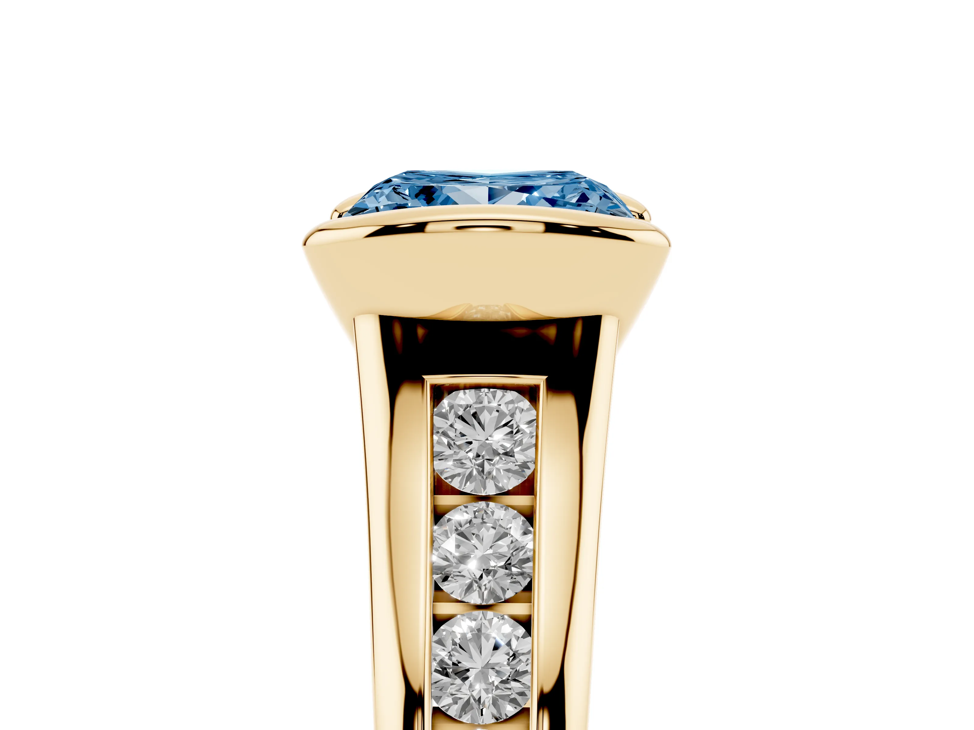Fancy Blue Princess Cut Diamond Bezel-Set Solitaire Ring Set in Yellow gold with Channel-Set Band