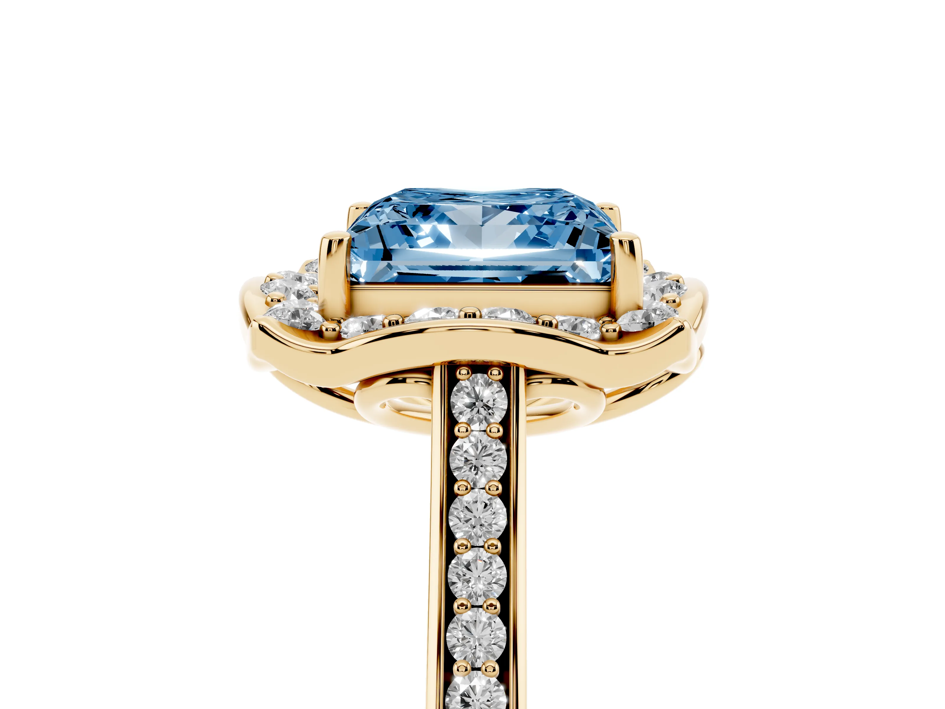 Fancy Blue Princess Cut Diamond Halo Ring Set in Yellow gold with Pavé-Lined Shoulders and Prong Setting