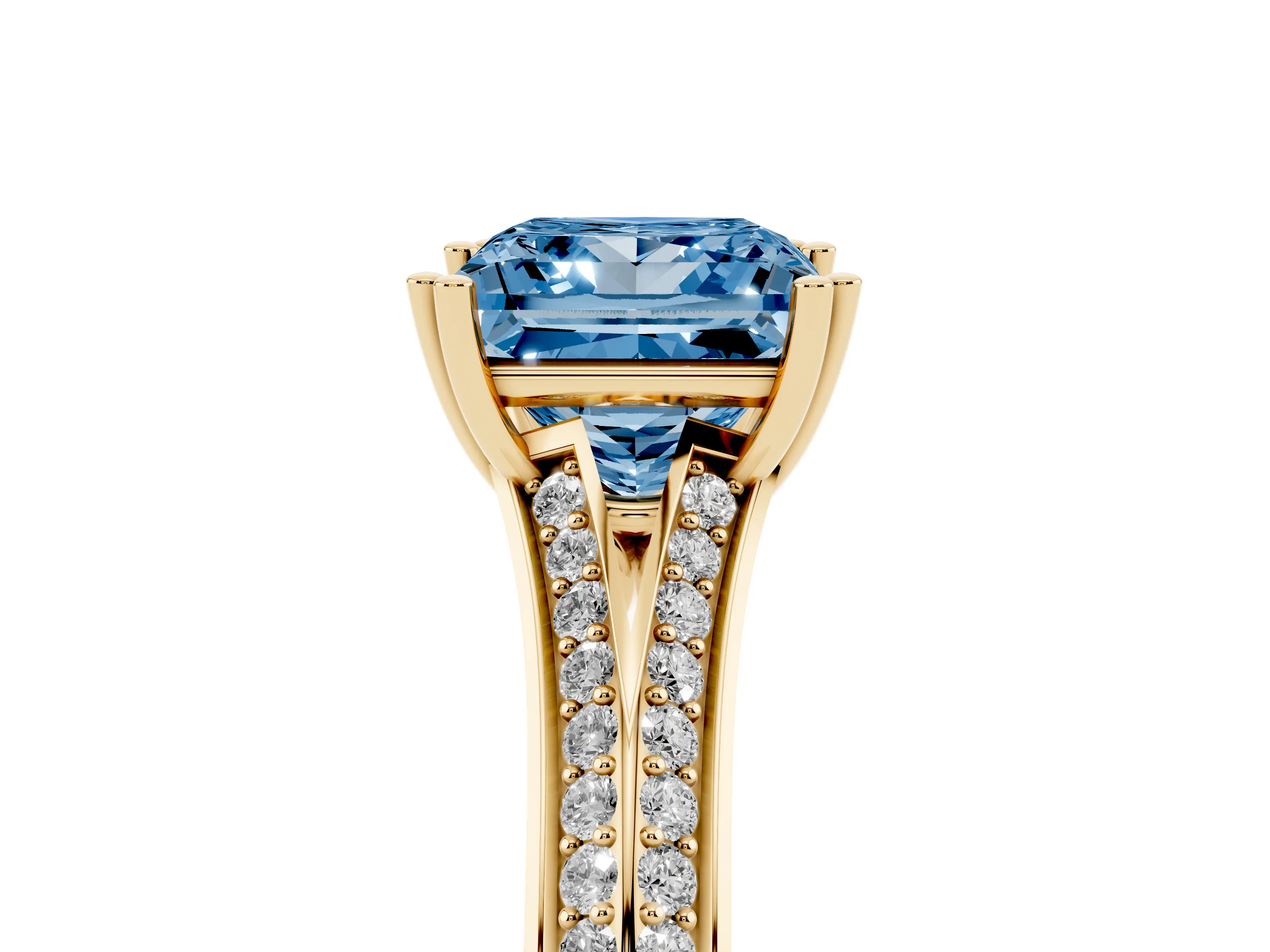 Fancy Blue Princess Cut Diamond Split Shank Pavé Engagement Ring Set in Yellow gold with Prong-Set Center Stone