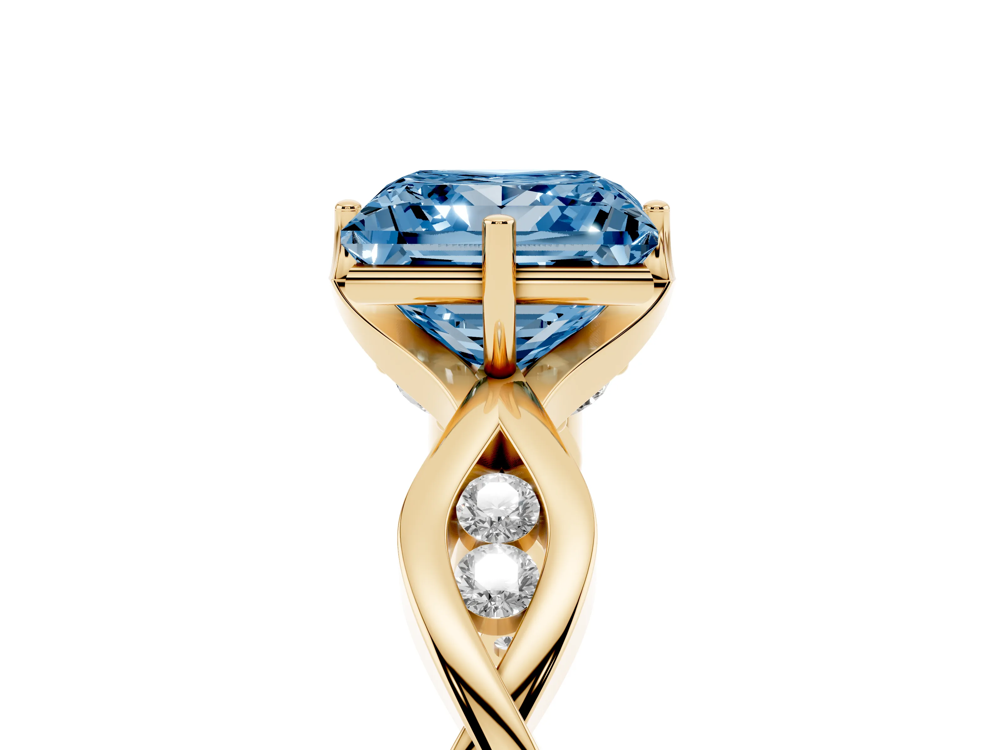 Fancy Blue Princess Cut Diamond Twist Band Solitaire Ring Set in Yellow gold with Leaf Prong Setting and Accent Stones