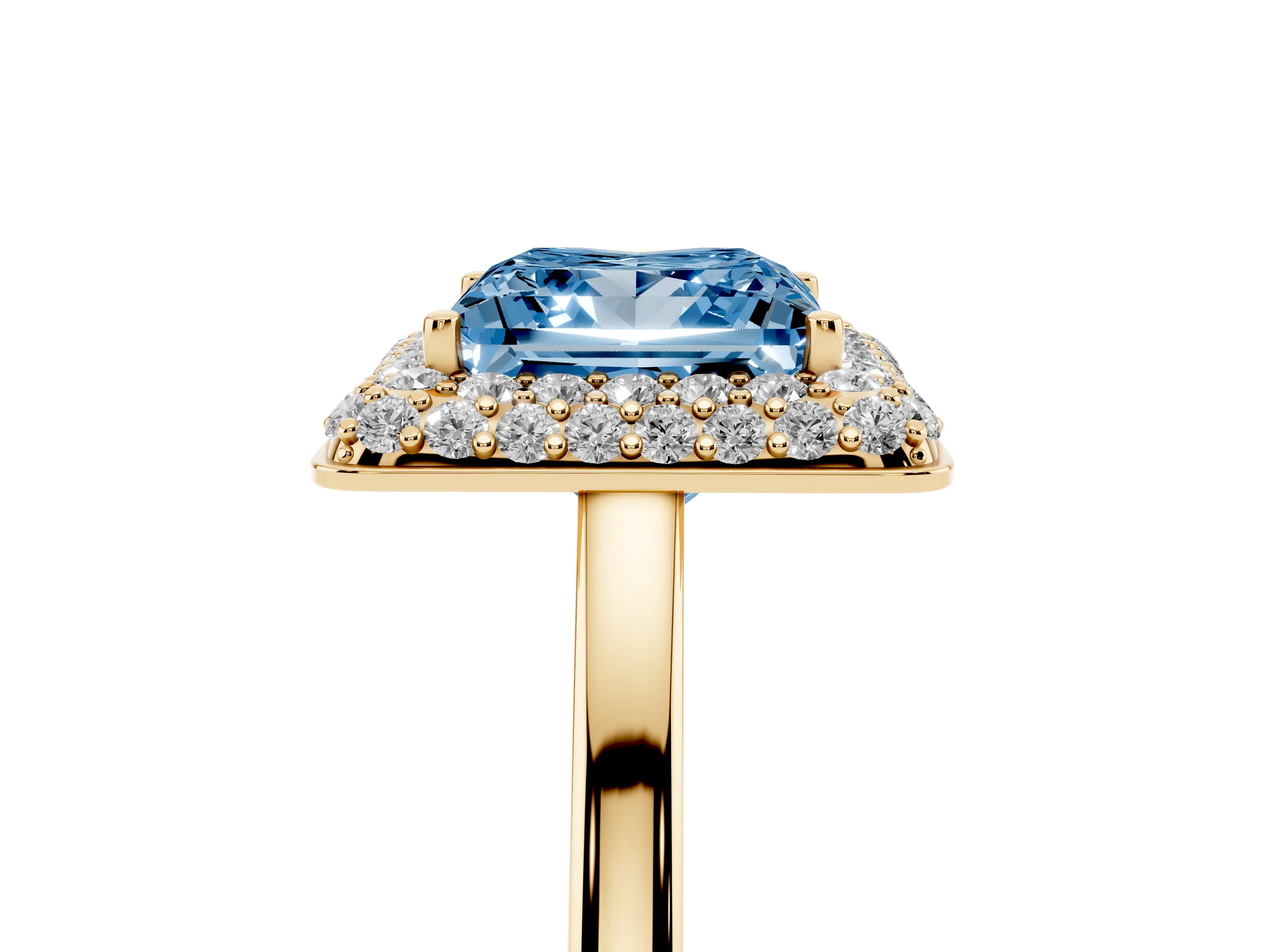 Fancy Blue Princess Cut Diamond Halo Engagement Ring Set in Yellow gold with Solitaire Band and Prong Setting