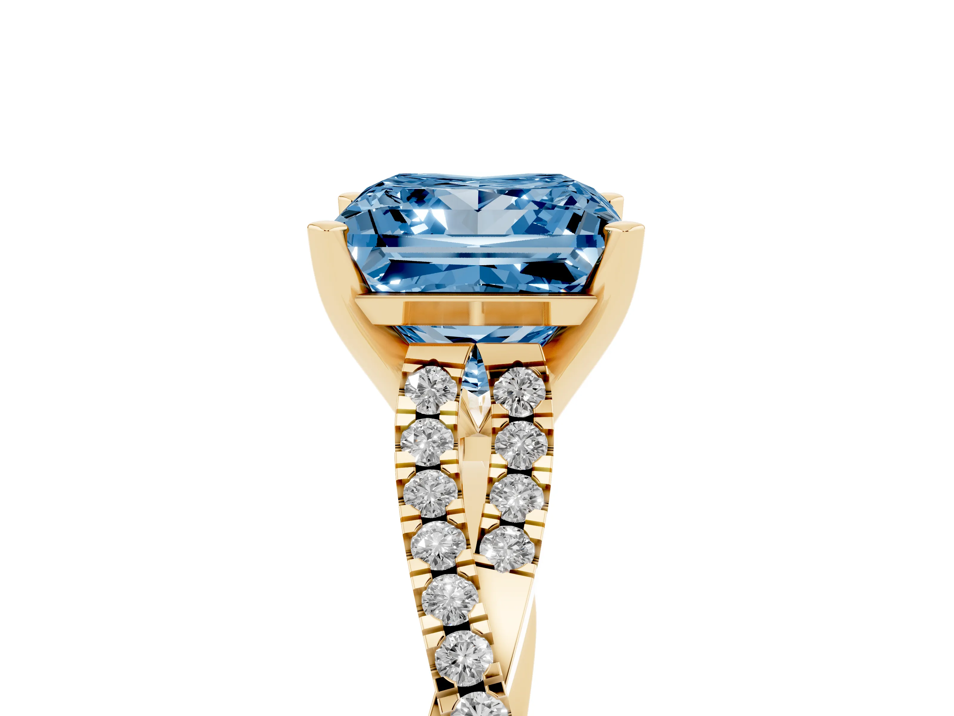 Fancy Blue Princess Cut Diamond Solitaire Engagement Ring Set in Yellow gold with Twisted Pavé Band and Prong Setting