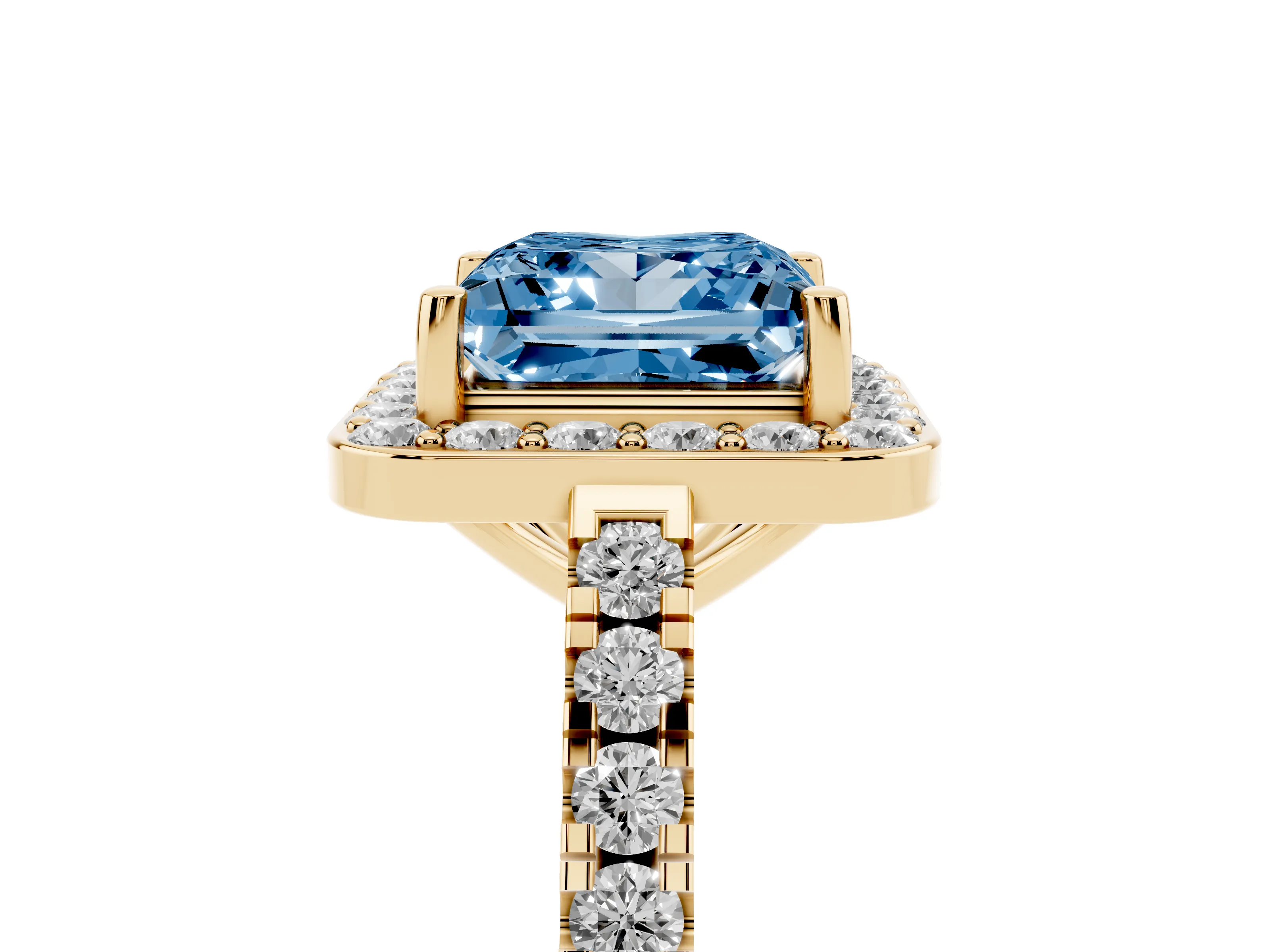 Fancy Blue Princess Cut Diamond Halo Ring Set in Yellow gold with Round Pavé Split Shank and Prong Setting