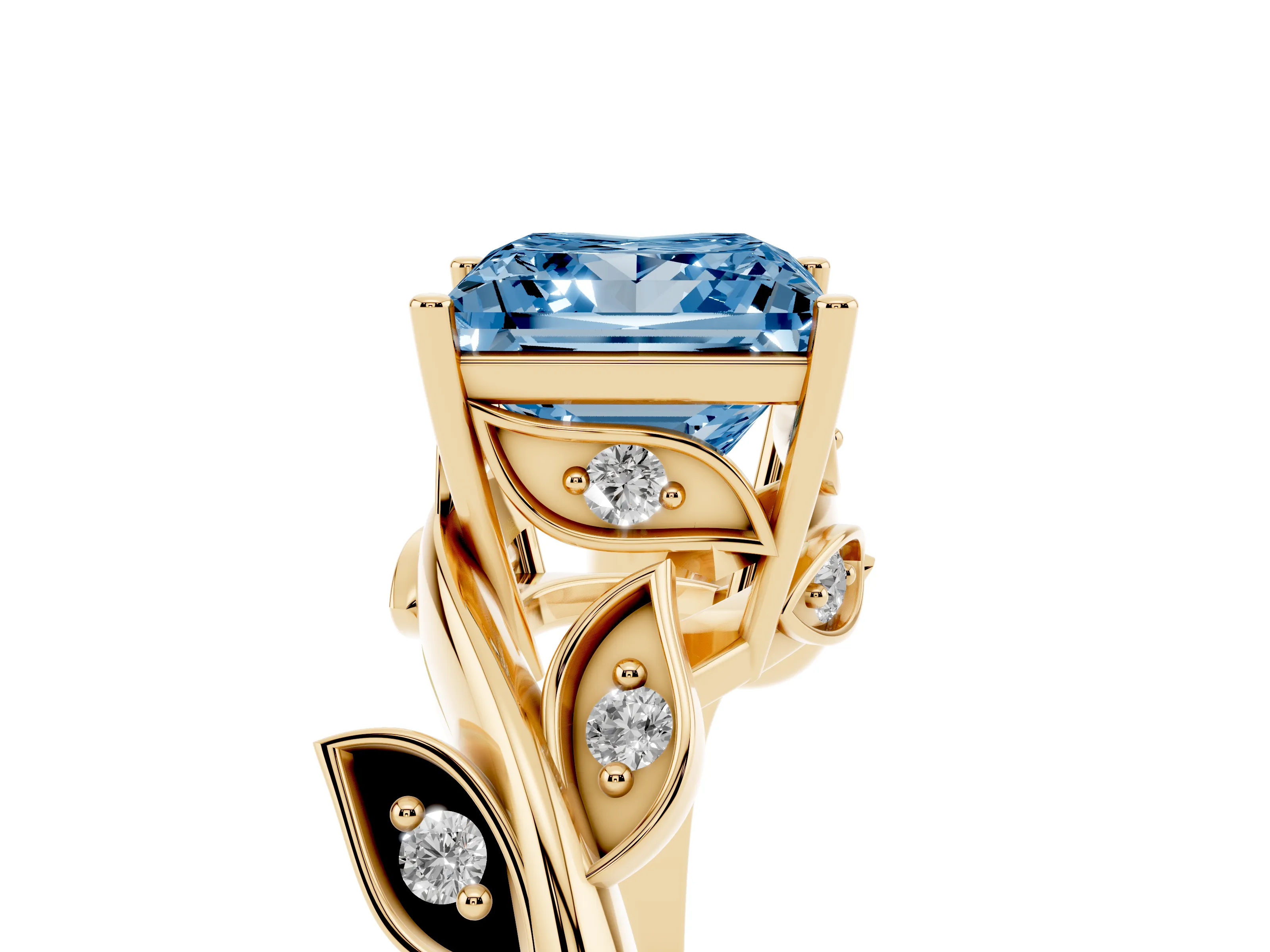 Fancy Blue Princess Cut Diamond Solitaire Twist Engagement Ring Set in Yellow gold with Pavé Leaf Accents
