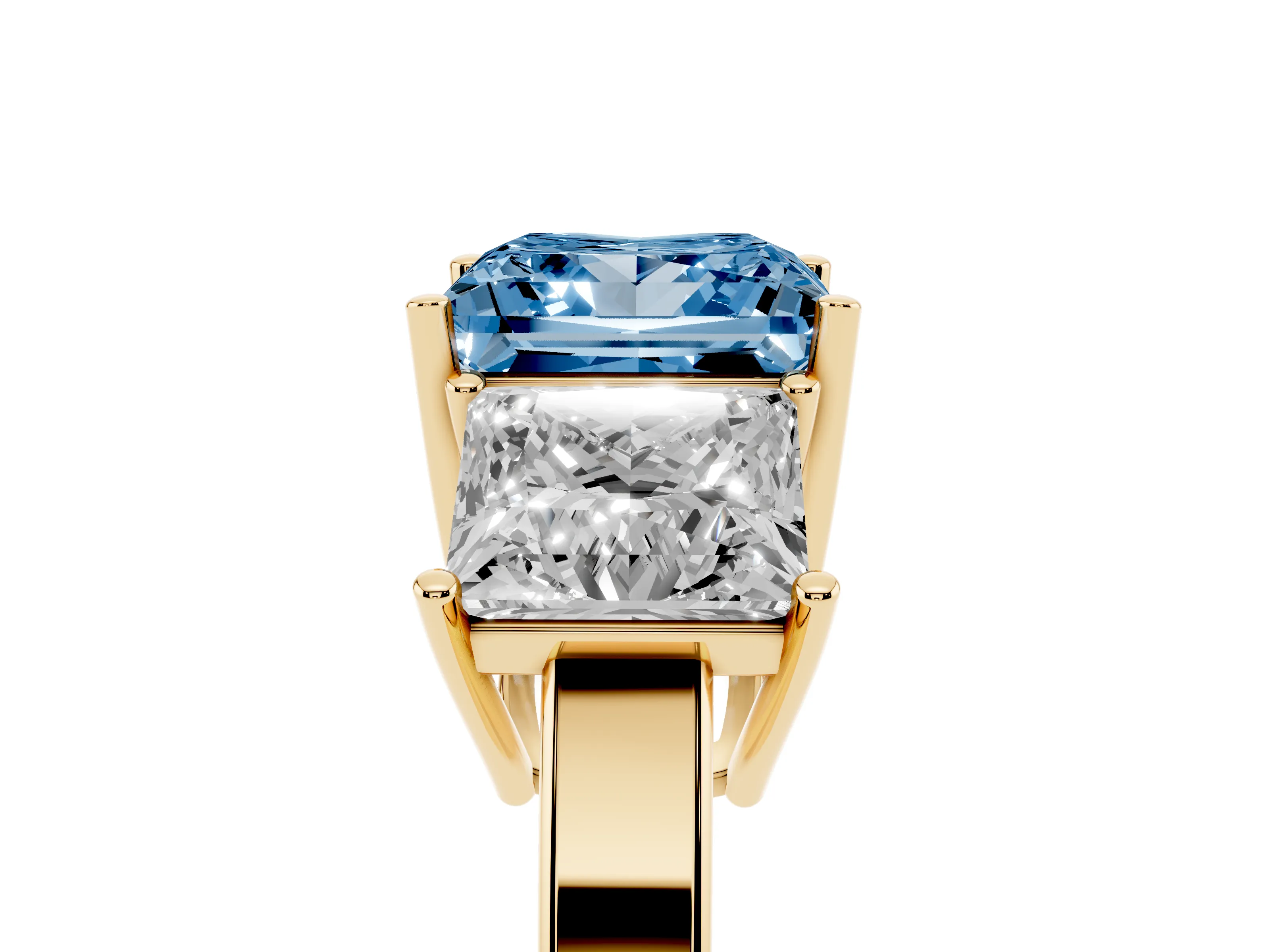 Fancy Blue Princess Cut Diamond Three-Stone Engagement Ring Set in Yellow gold with Flat Band