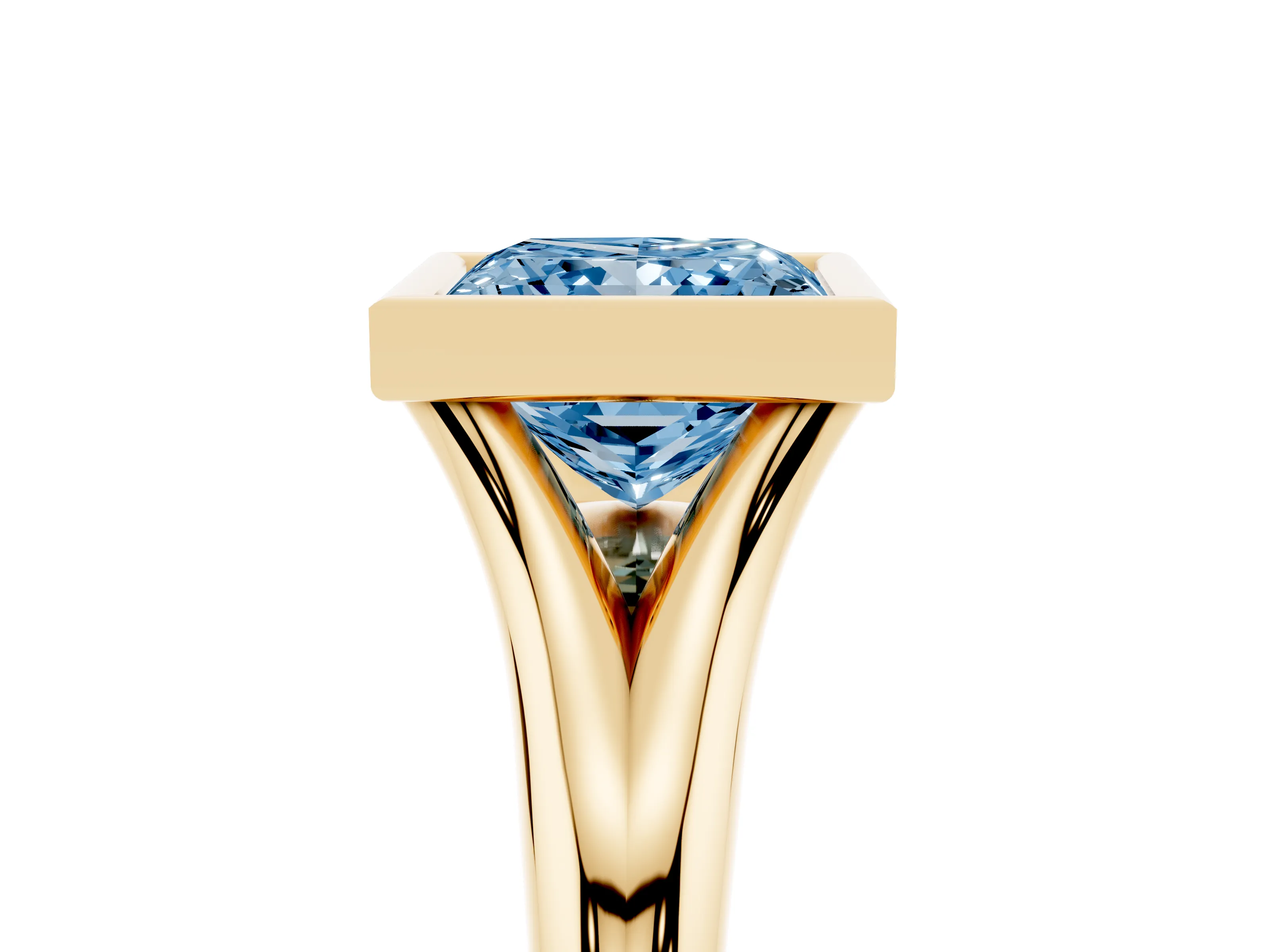 Fancy Blue Bezel Set Princess Cut Diamond Solitaire Ring Set in Yellow gold with Smooth Band