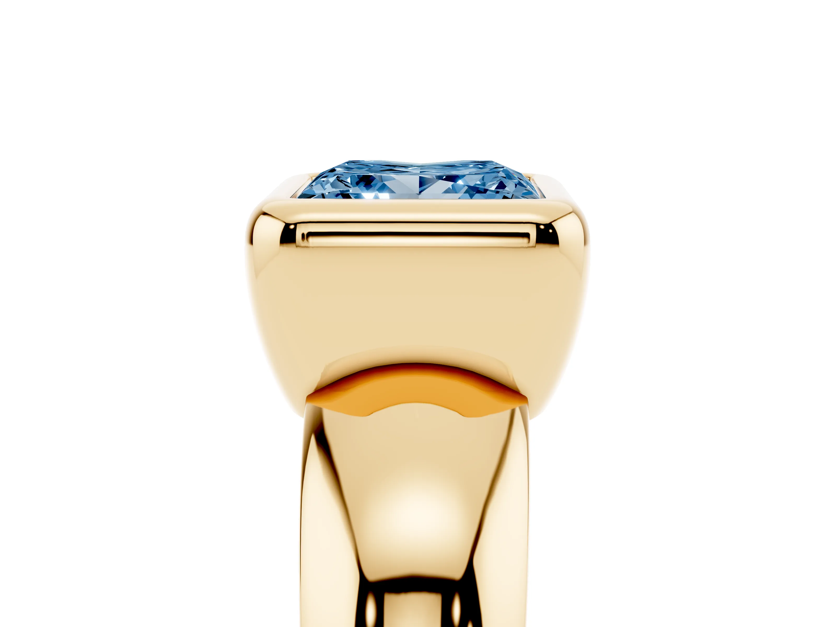 Fancy Blue Bezel Set Princess Cut Diamond Solitaire Ring Set in Yellow gold with Wide Band