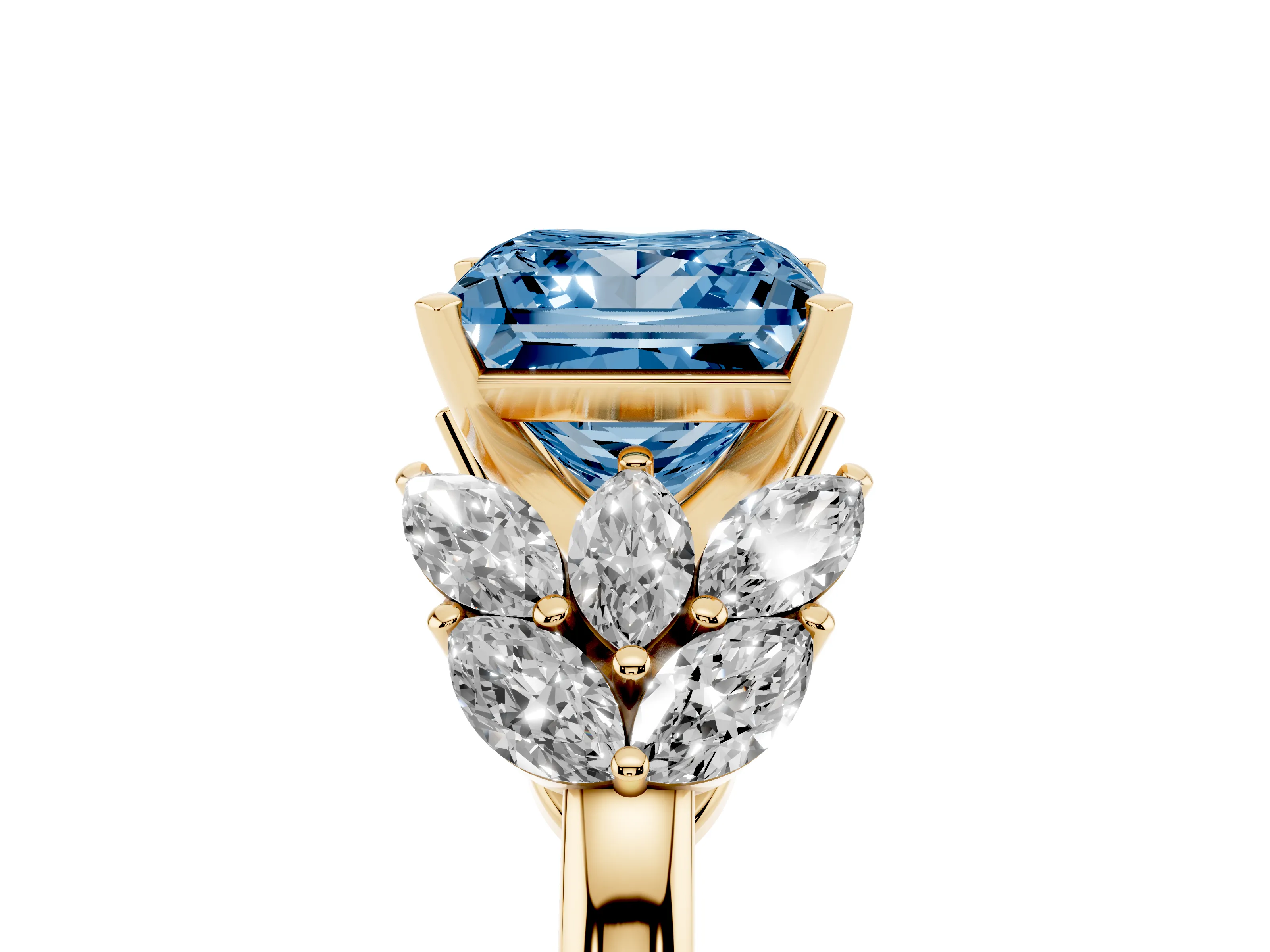 Fancy Blue Princess Cut Diamond Cluster Leaf Design Ring Set in Yellow gold with Prong Setting