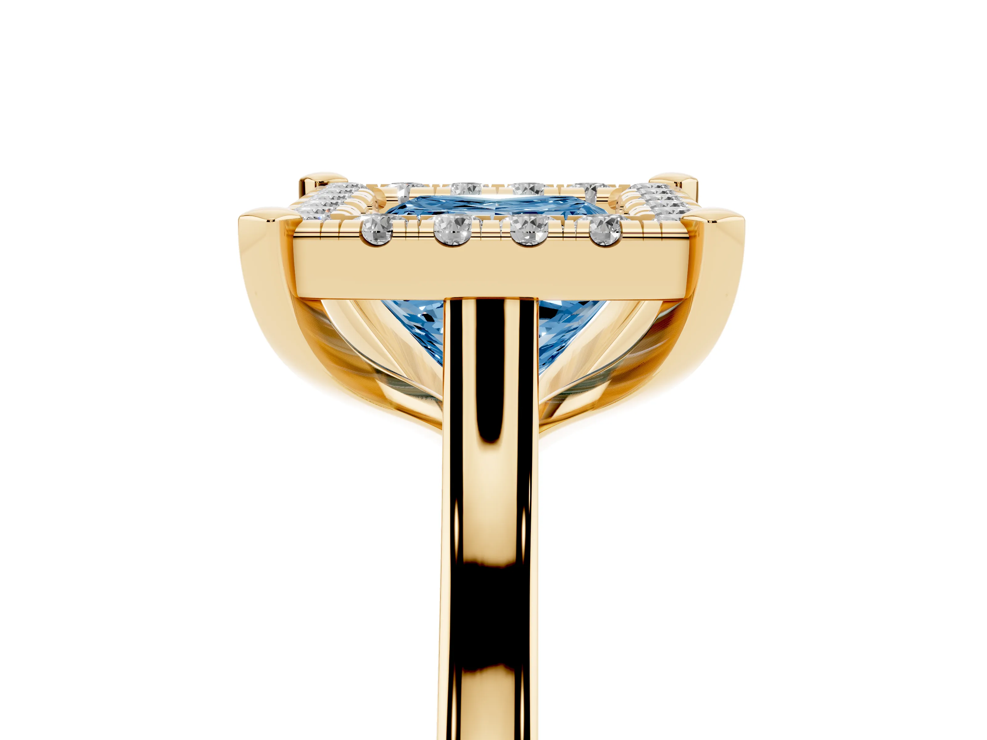 Fancy Blue Princess Cut Diamond Cluster Halo Solitaire Ring Set in Yellow gold with Prong Setting