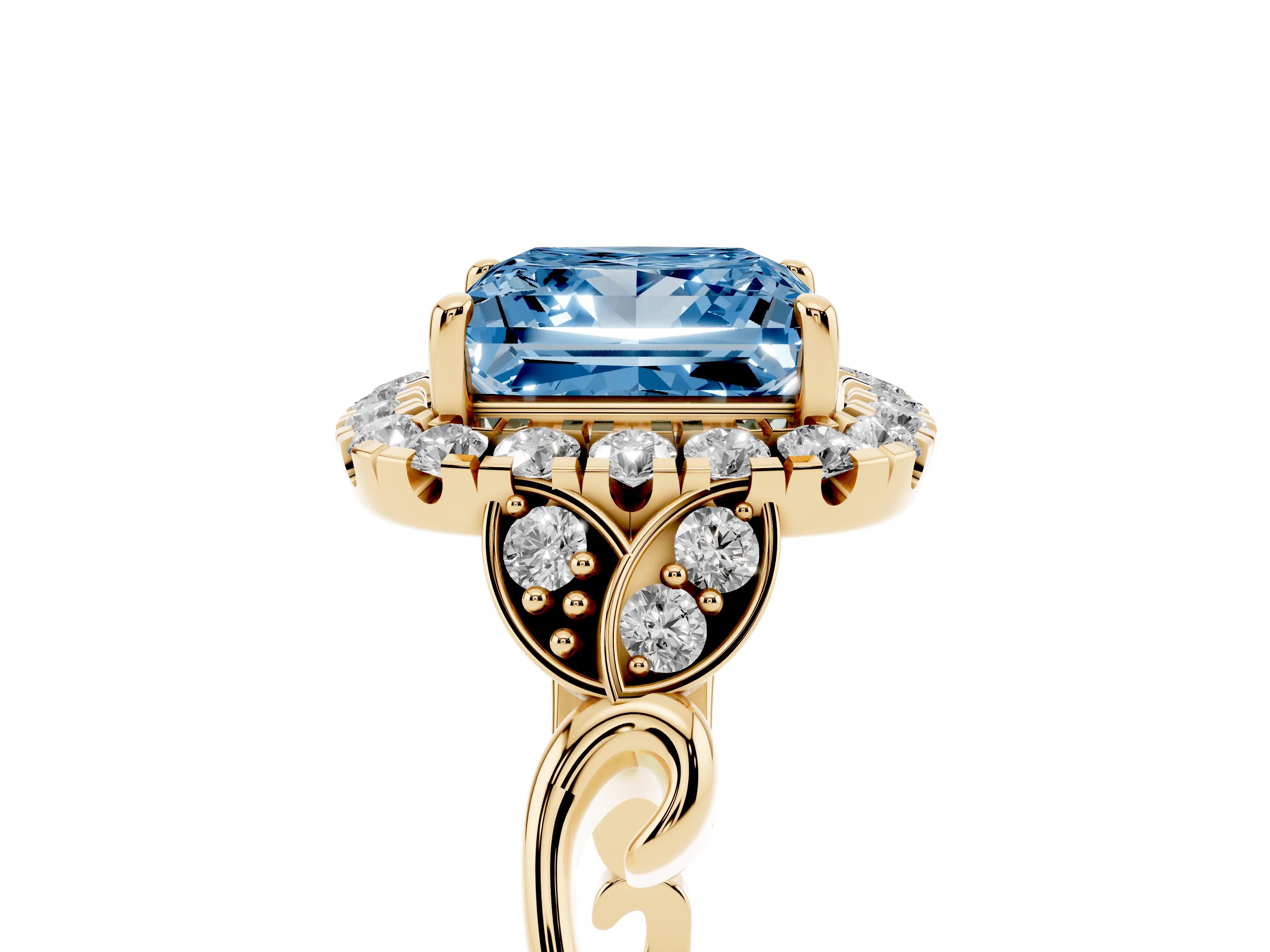 Fancy Blue Princess Cut Diamond Halo Engagement Ring Set in Yellow gold with Vintage-Inspired Band and Prong Setting