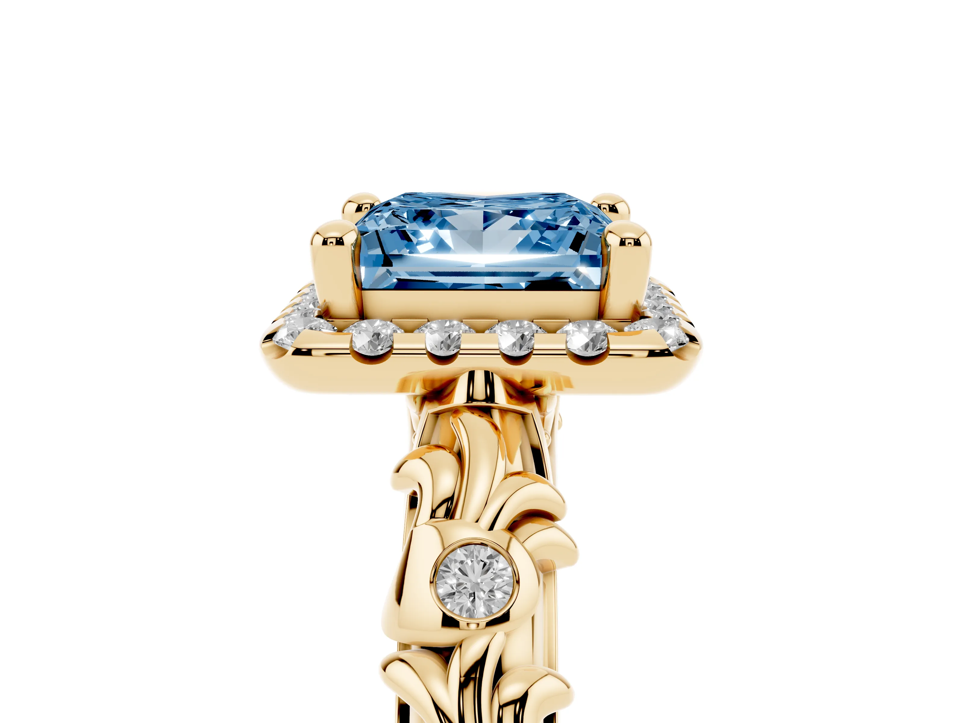 Fancy Blue Princess Cut Diamond Halo Ring Set in Yellow gold with Filigree Leaf Band and Prong Setting
