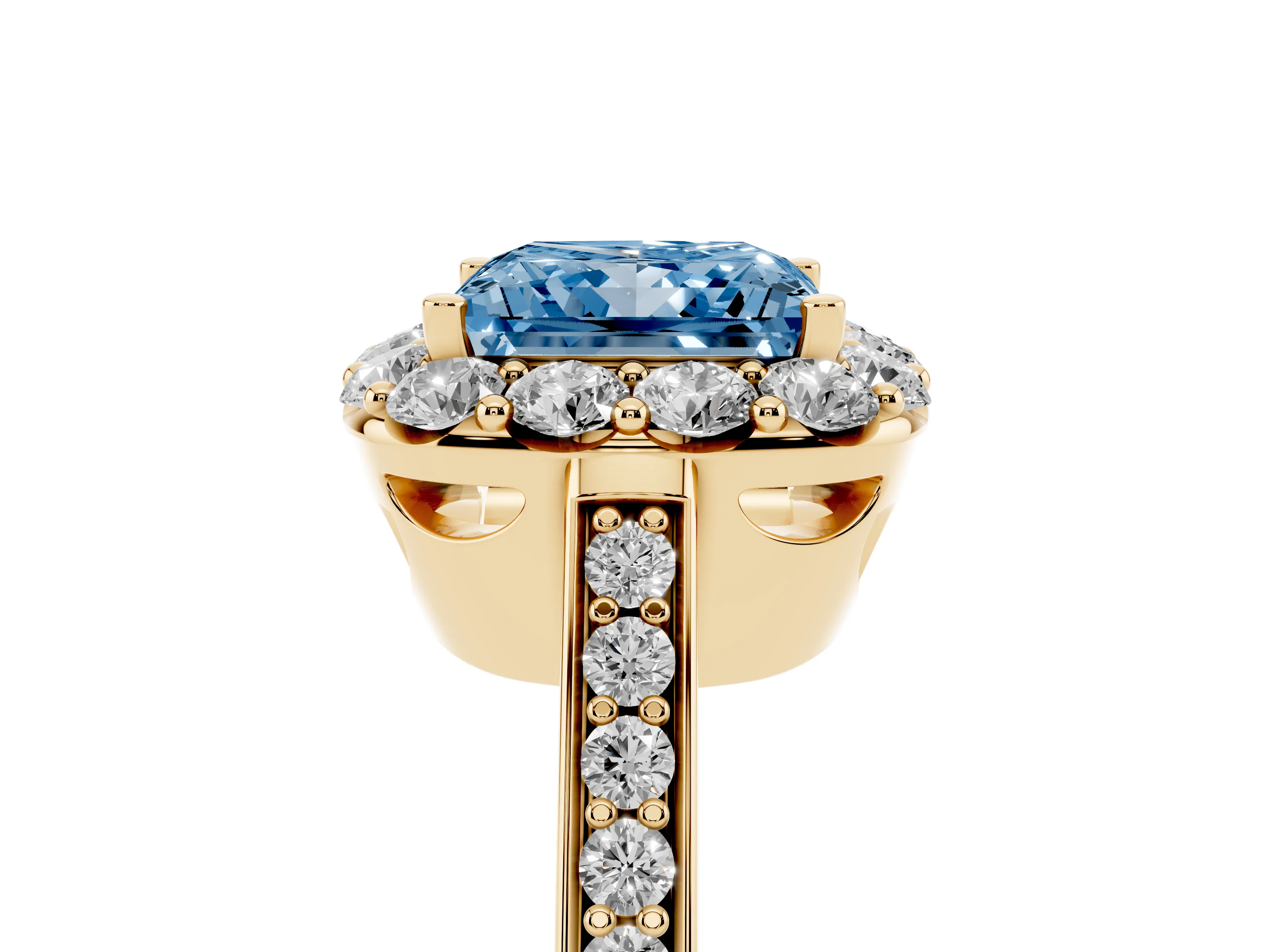 Fancy Blue Princess Cut Diamond Floral Halo Ring Set in Yellow gold with Pavé Band and Prong Setting