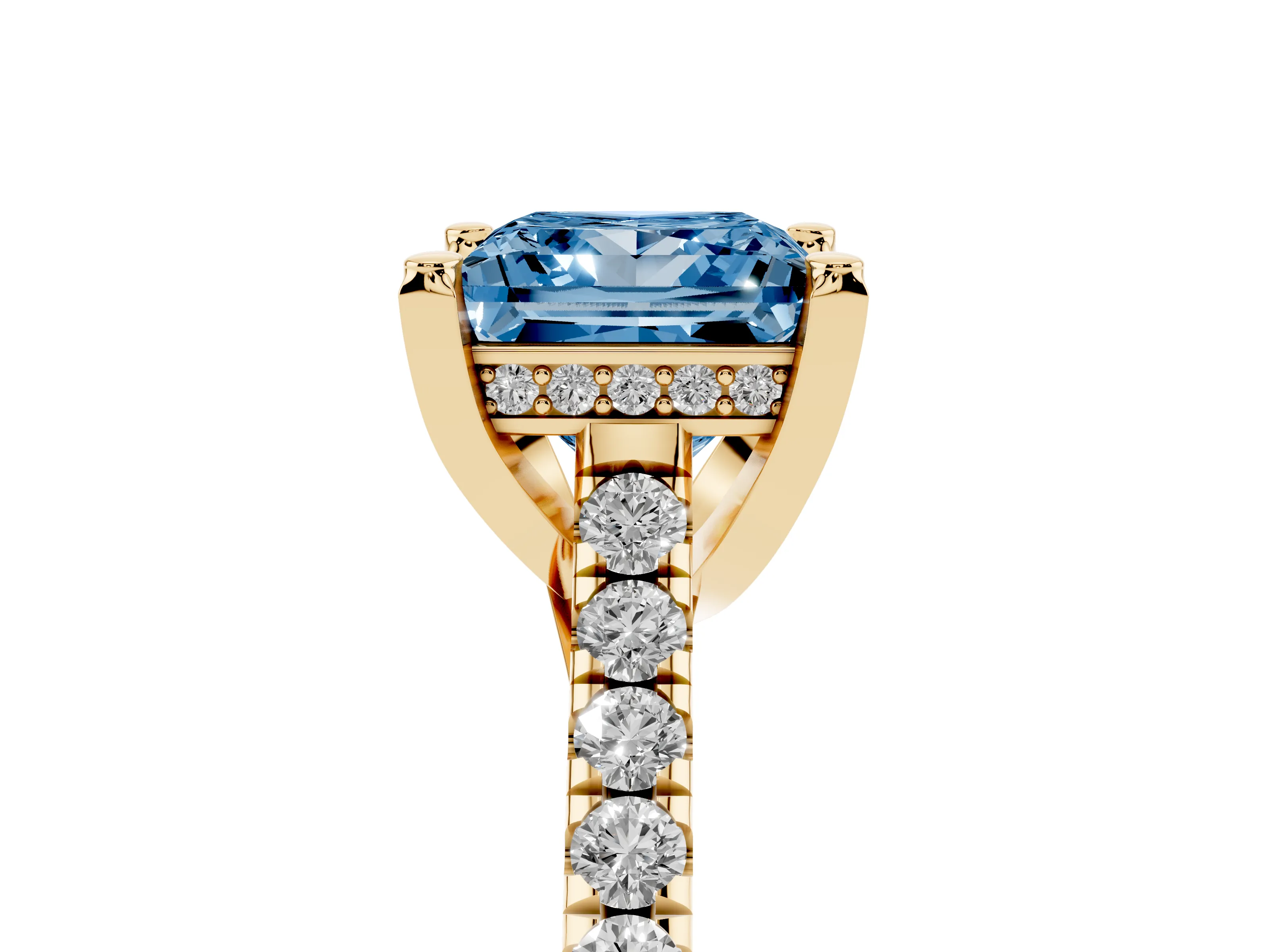 Fancy Blue Princess Cut Diamond Solitaire Ring Set in Yellow gold with Brilliant Pavé Band and Prong Setting