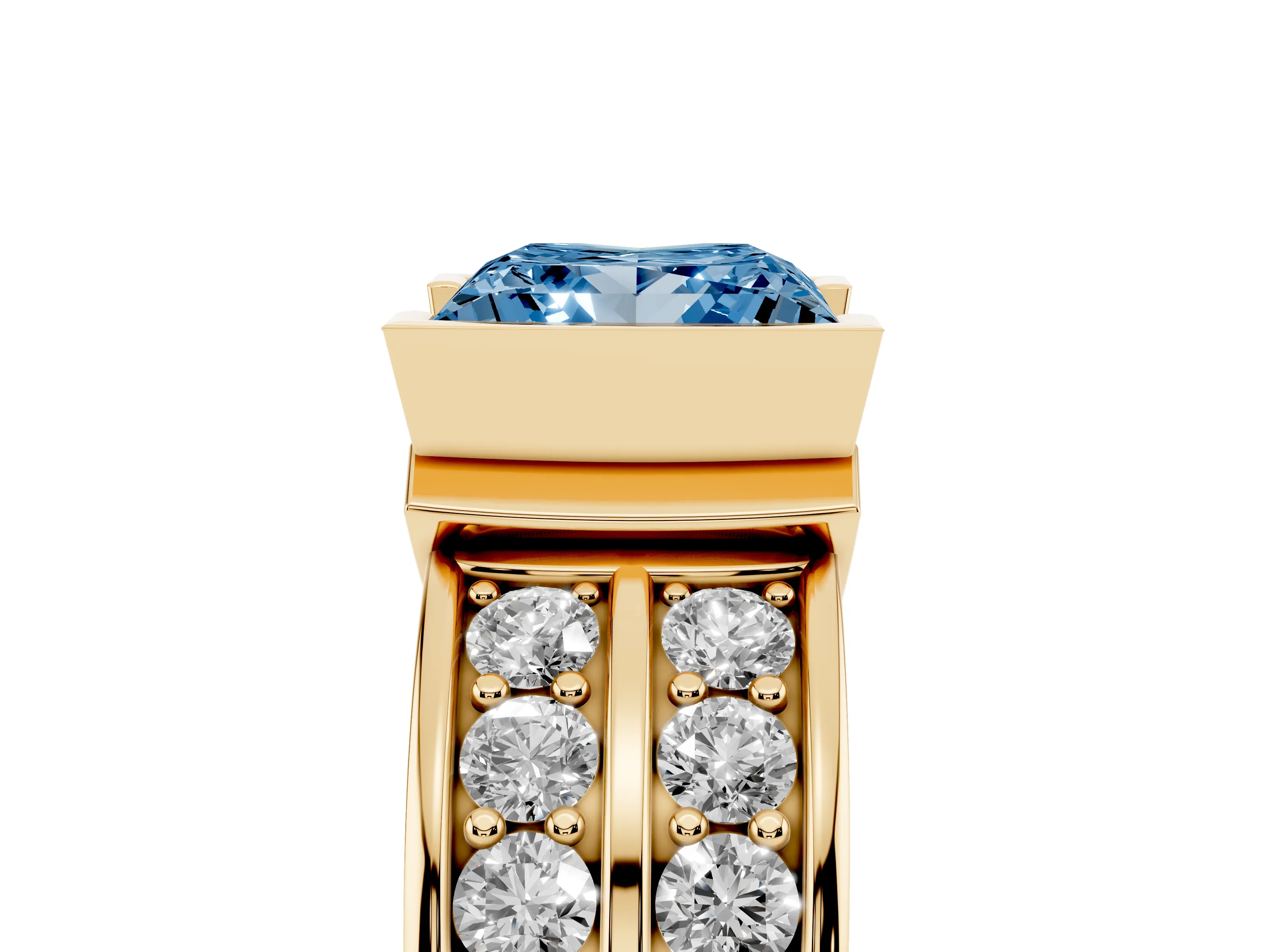 Fancy Blue Princess Cut Diamond Wide Channel Set Band Ring Set in Yellow gold with Bezel Setting