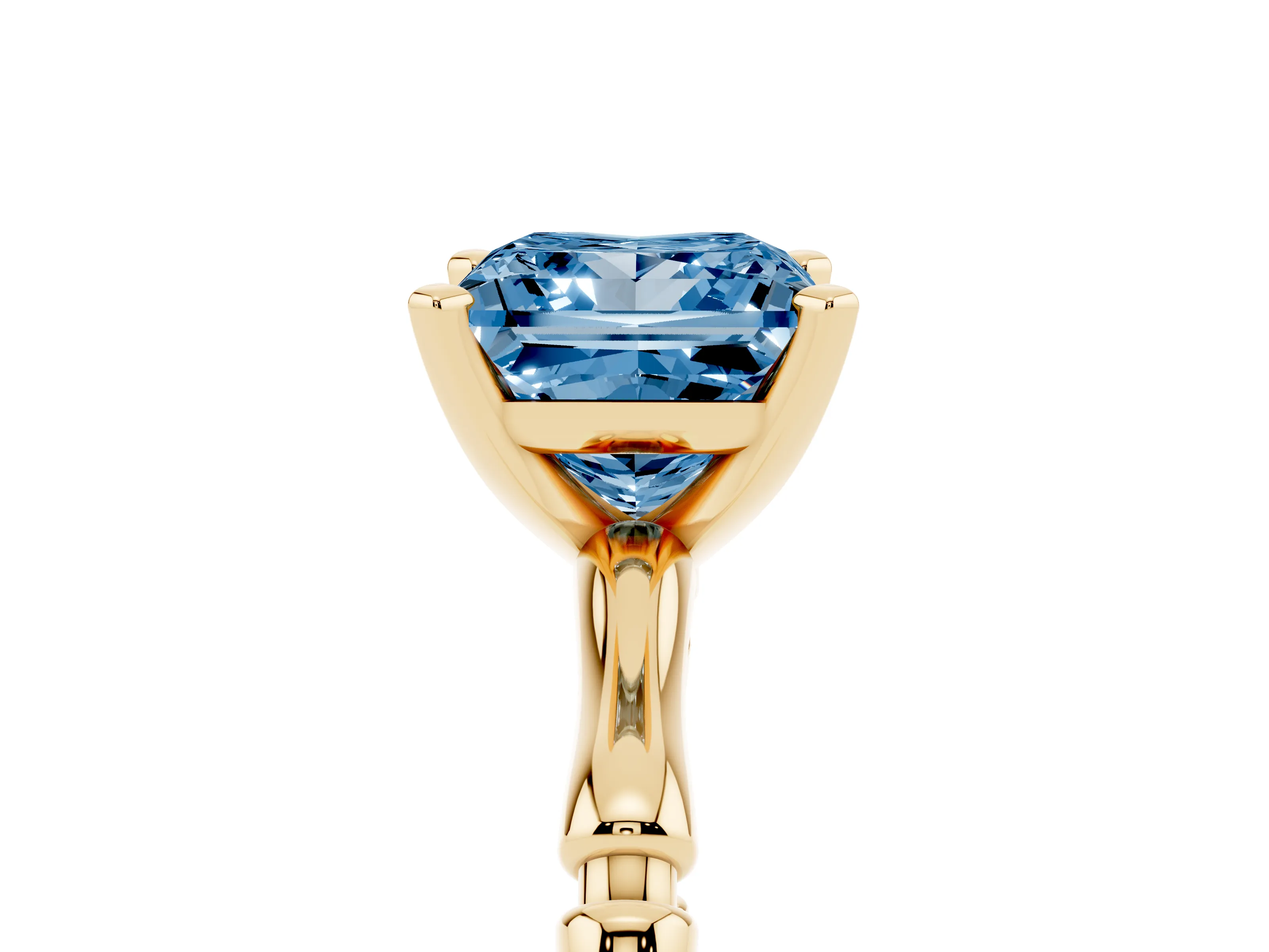 Fancy Blue Princess Cut Diamond Solitaire Ring Set in Yellow gold with Bamboo Band and Prong Setting