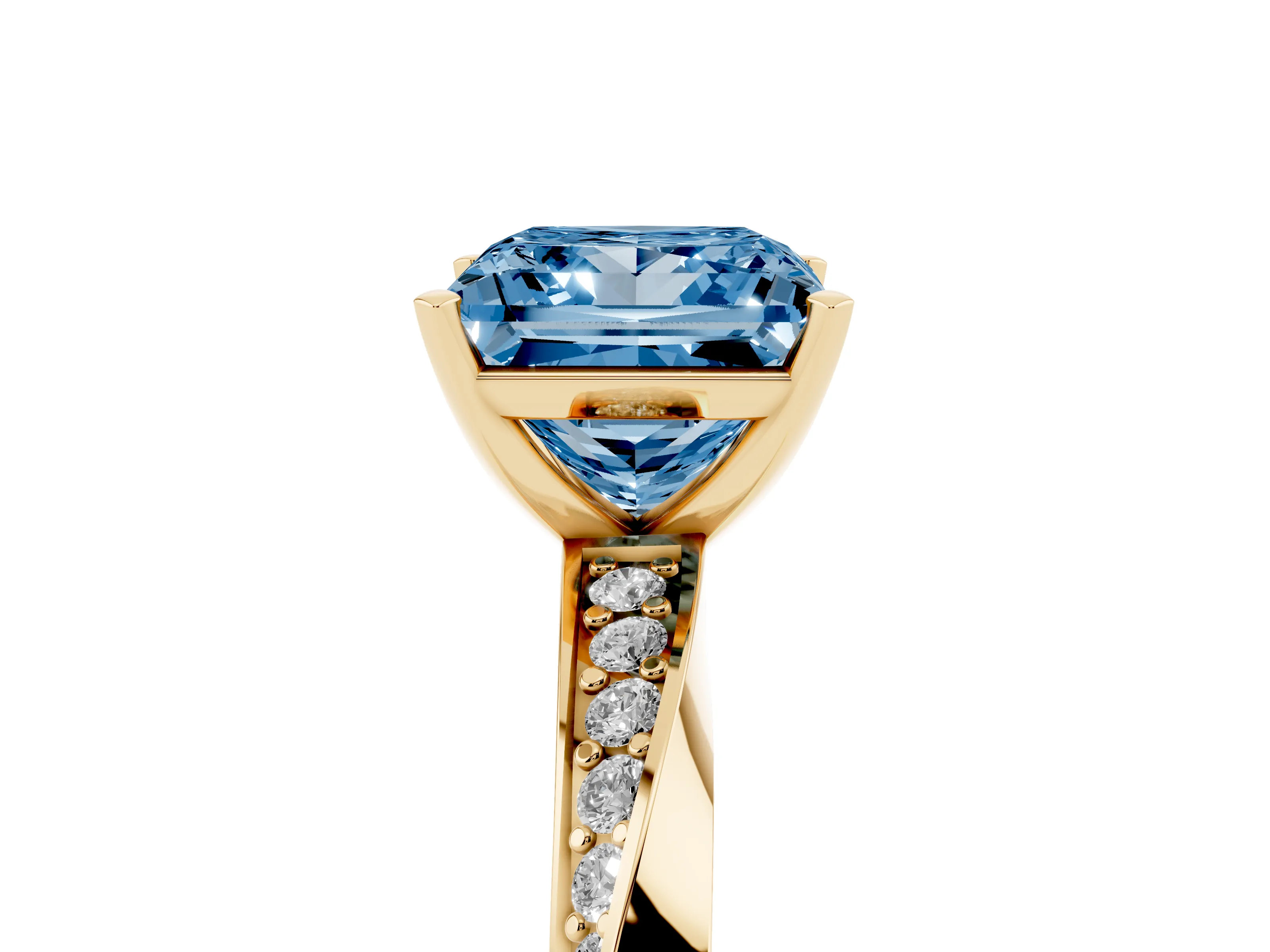 Fancy Blue Princess Cut Diamond Engagement Ring Set in Yellow gold with Side Stone Accents and Prong Setting