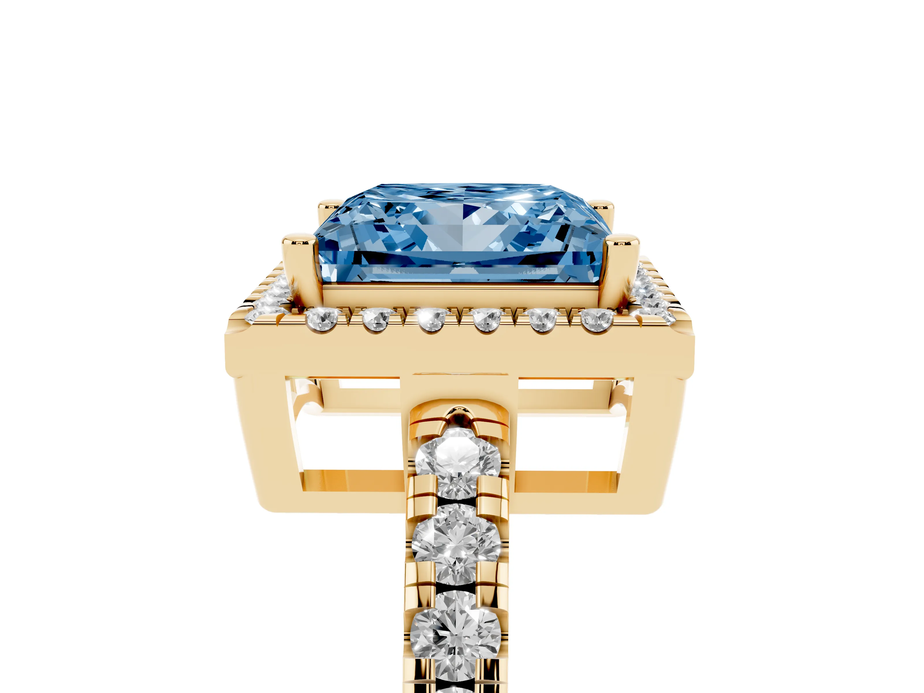 Fancy Blue Princess Cut Diamond Halo Ring Set in Yellow gold with Delicate Pavé Band and Prong Setting