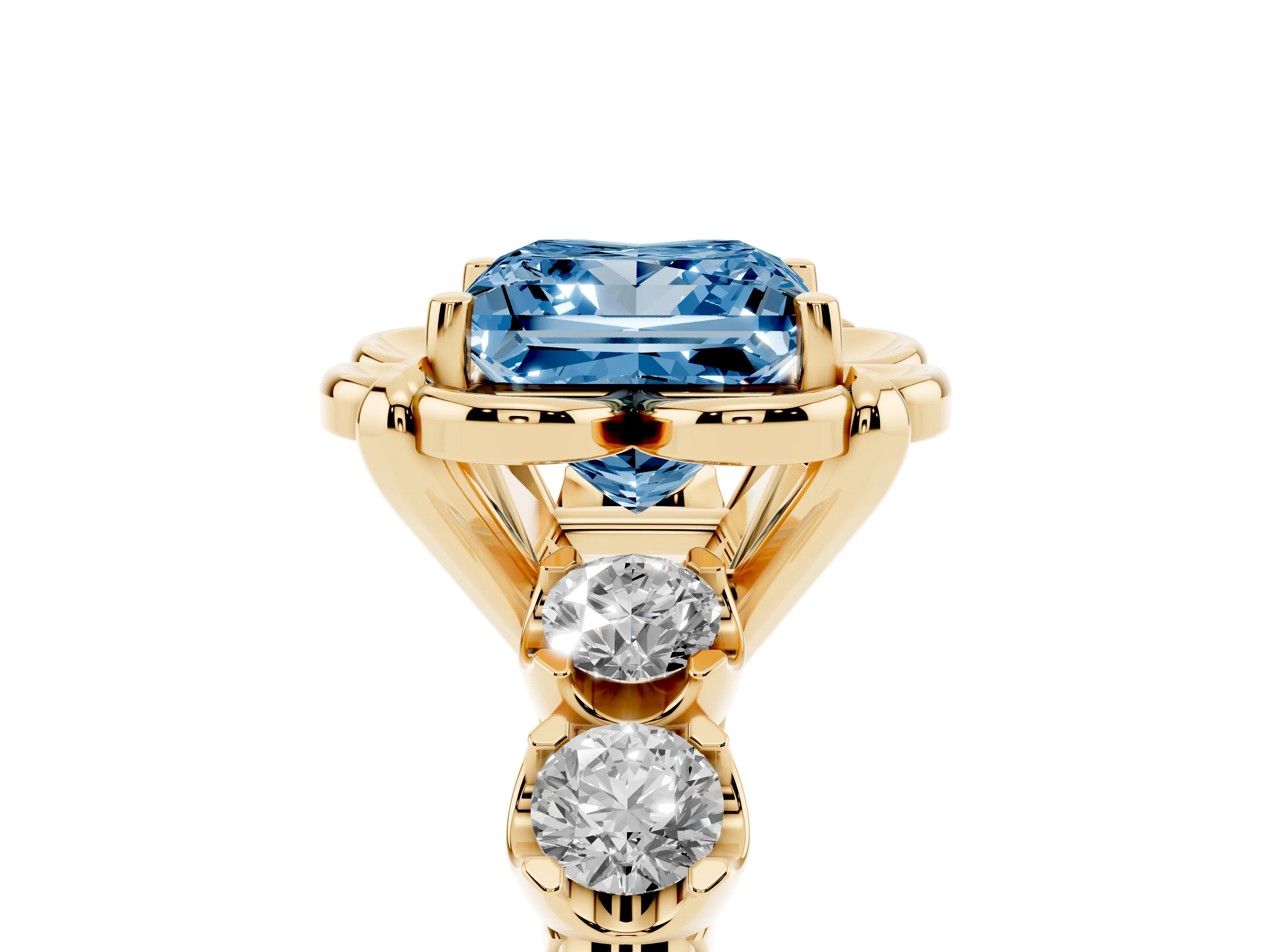 Fancy Blue Princess Cut Diamond Floral Halo Ring Set in Yellow gold with Shared Prong Band