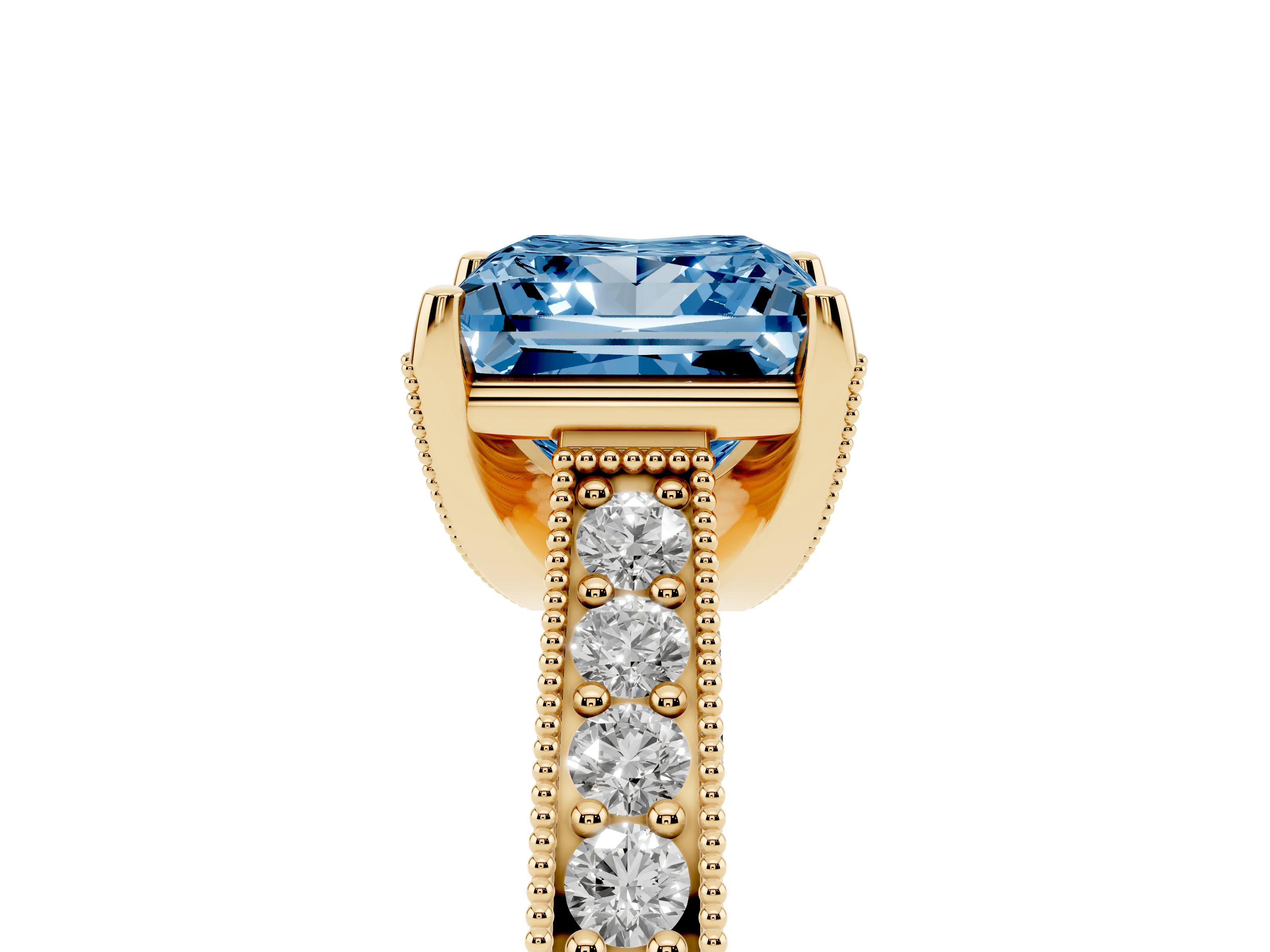 Fancy Blue Princess Cut Diamond Solitaire Ring Set in Yellow gold with Milgrain-Edged Pavé Band and Prong Setting