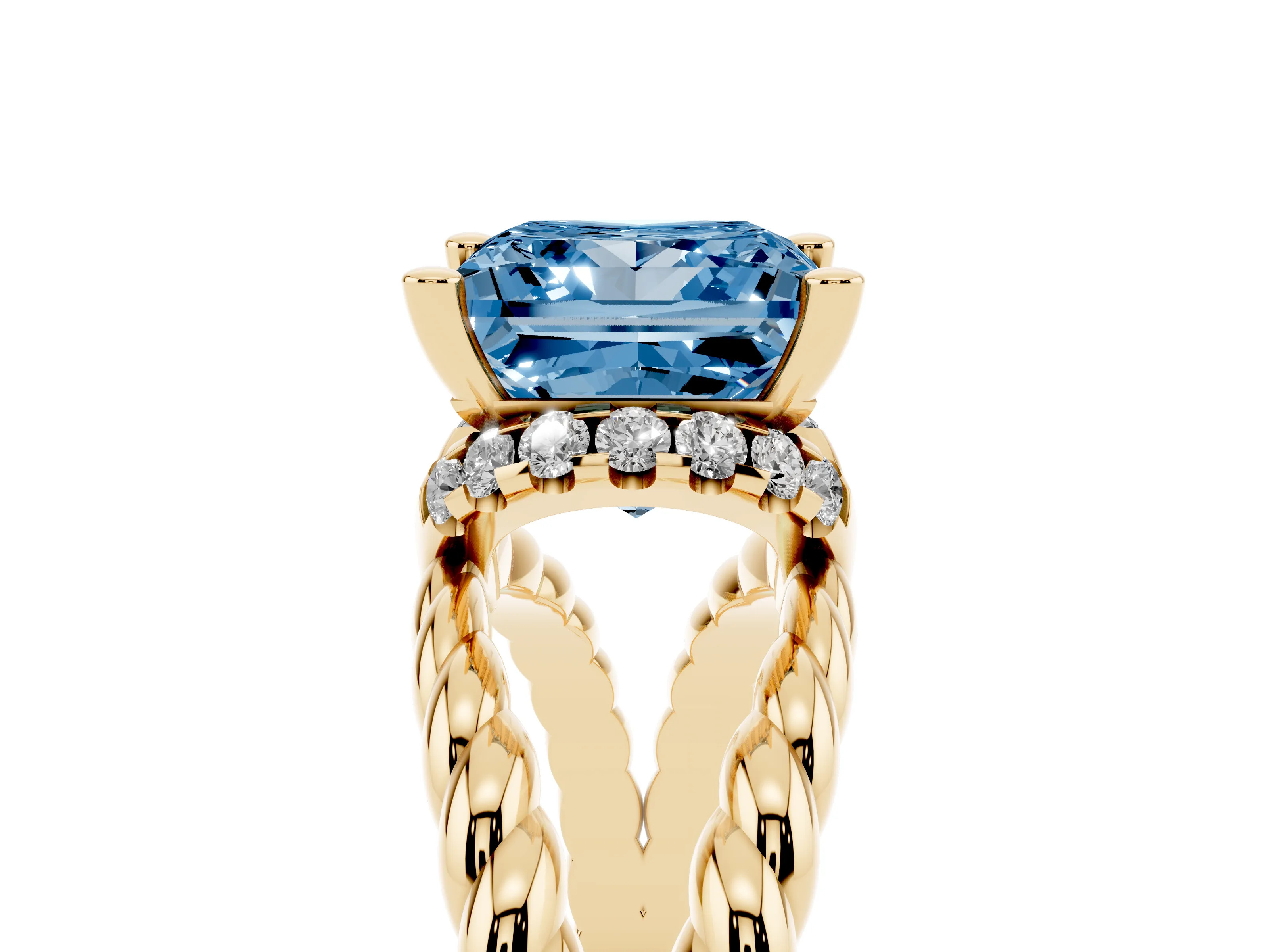 Fancy Blue Princess Cut Diamond Halo Ring Set in Yellow gold with Twisted Band and Prong Setting