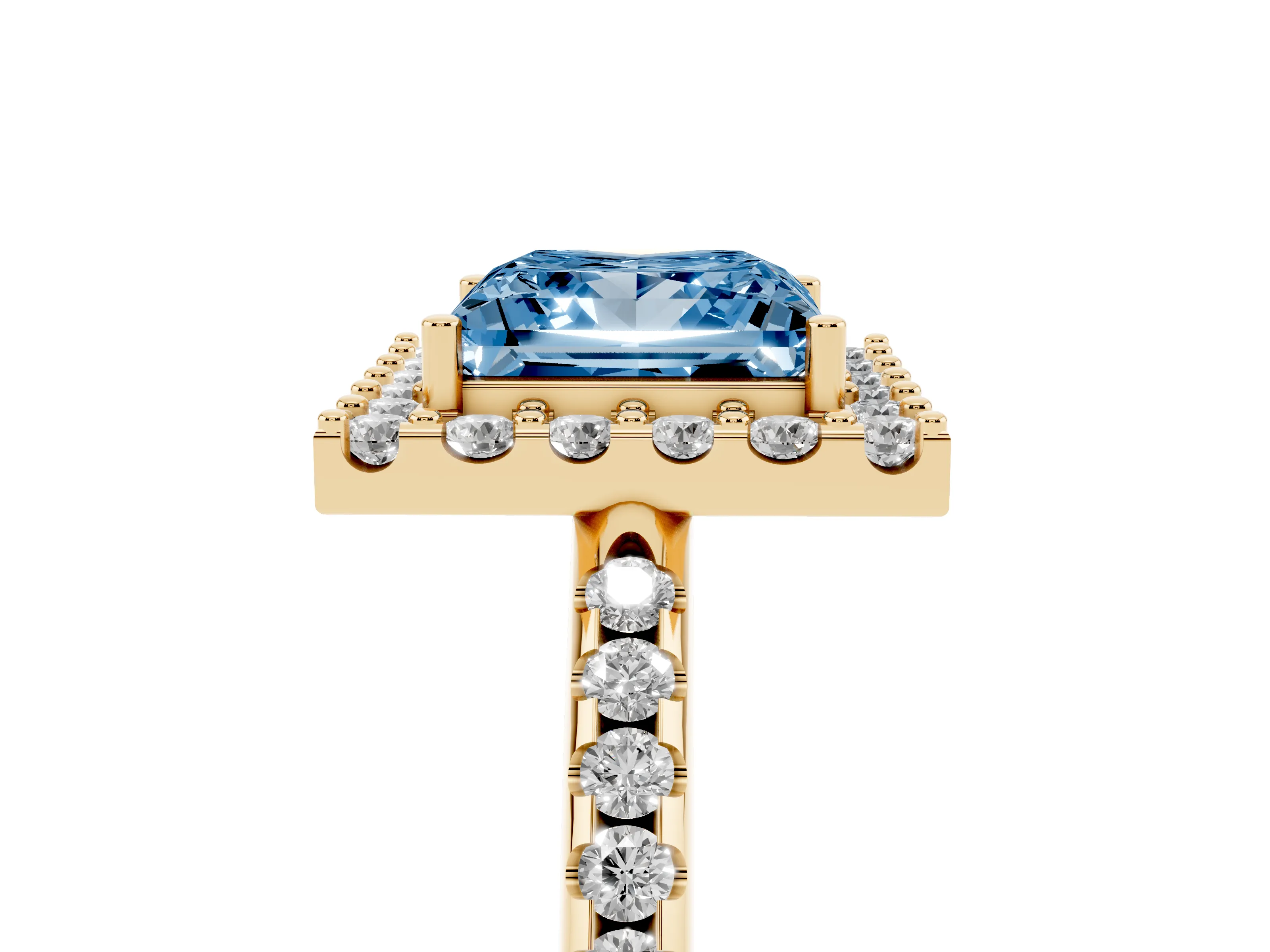 Fancy Blue Princess Cut Diamond Pavé Halo Ring Set in Yellow gold with Prong Setting