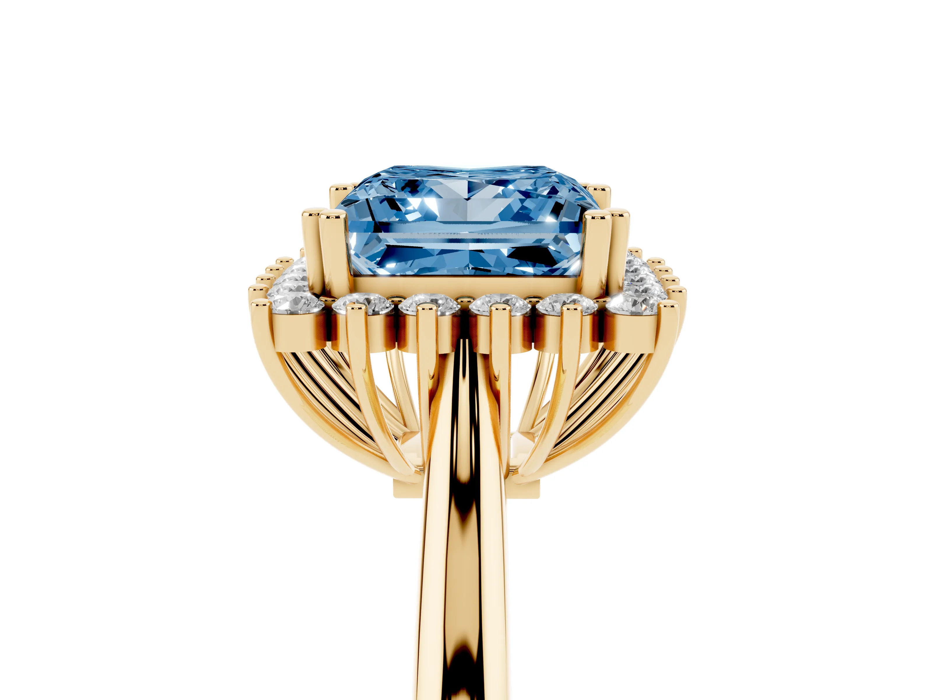 Fancy Blue Princess Cut Diamond Halo Ring Set in Yellow gold with Plain Solitaire Band and Prong Setting