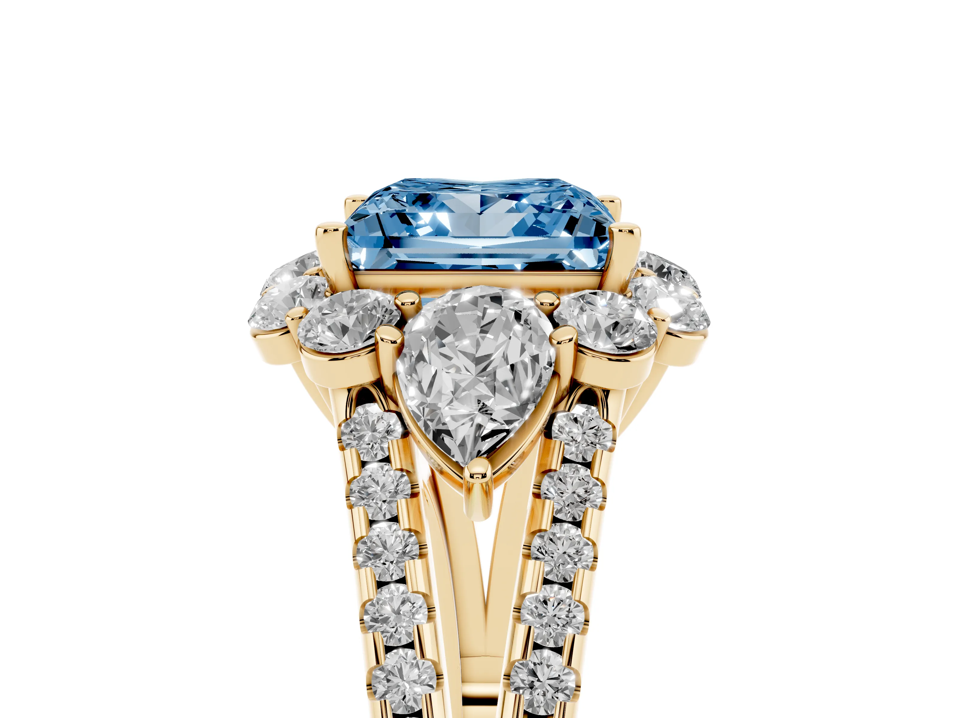 Fancy Blue Princess Cut Diamond Halo Split Shank Engagement Ring Set in Yellow gold with Prong-Held Center Stone