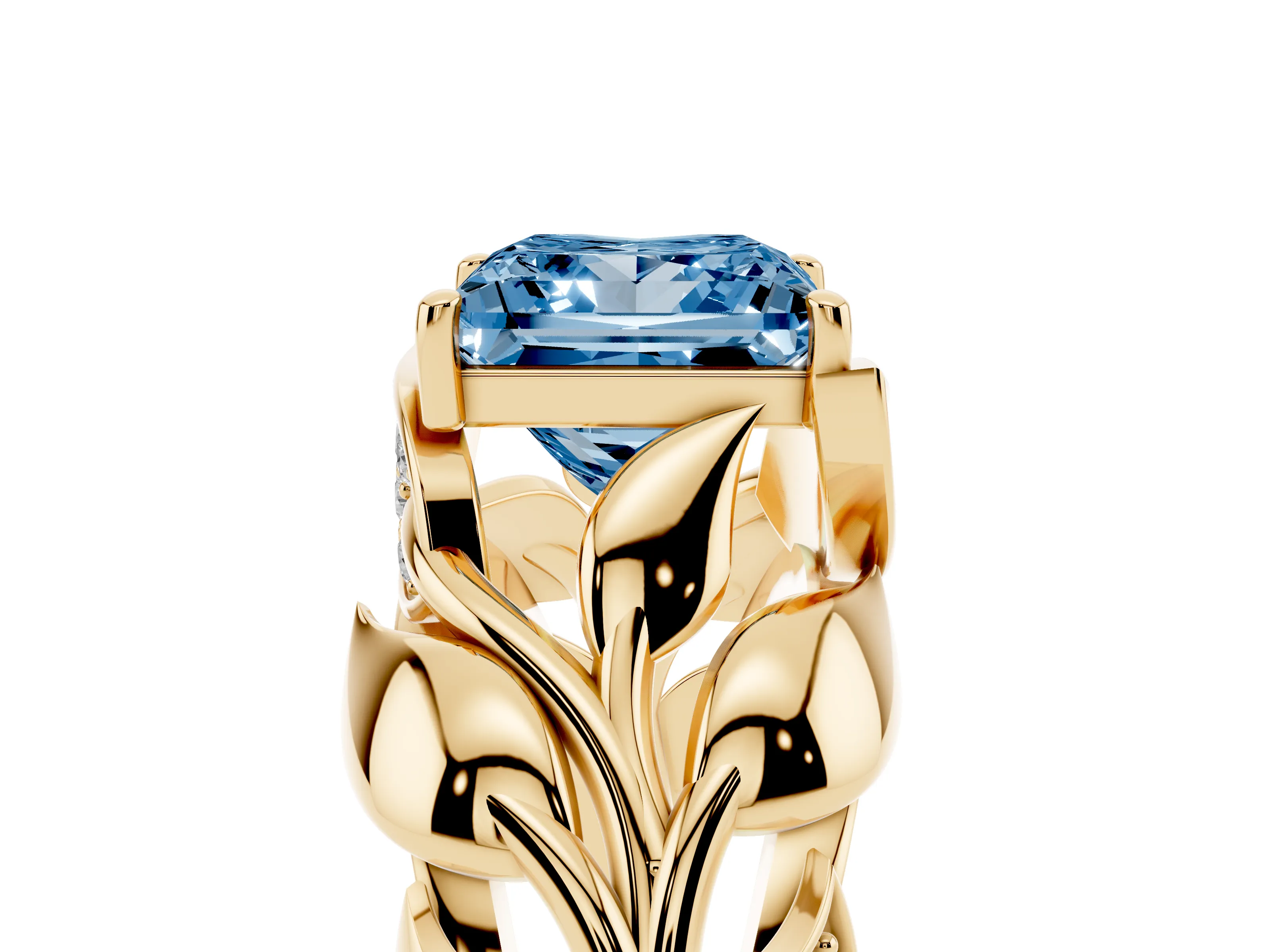 Fancy Blue Princess Cut Diamond Leaf-Inspired Engagement Ring Set in Yellow gold with Round Accents