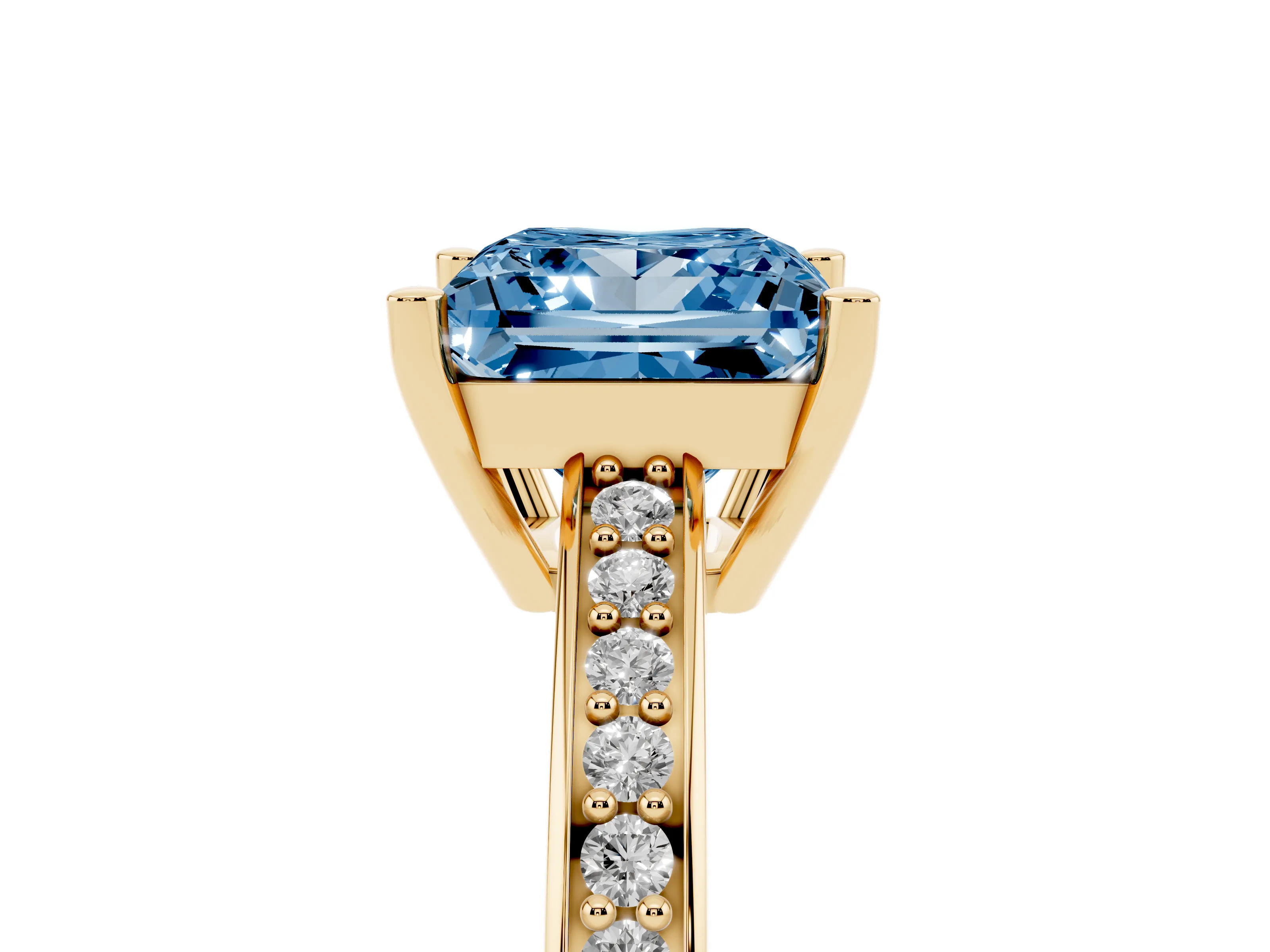 Fancy Blue Princess Cut Diamond Pavé Band Prong Set Solitaire Ring Set in Yellow gold