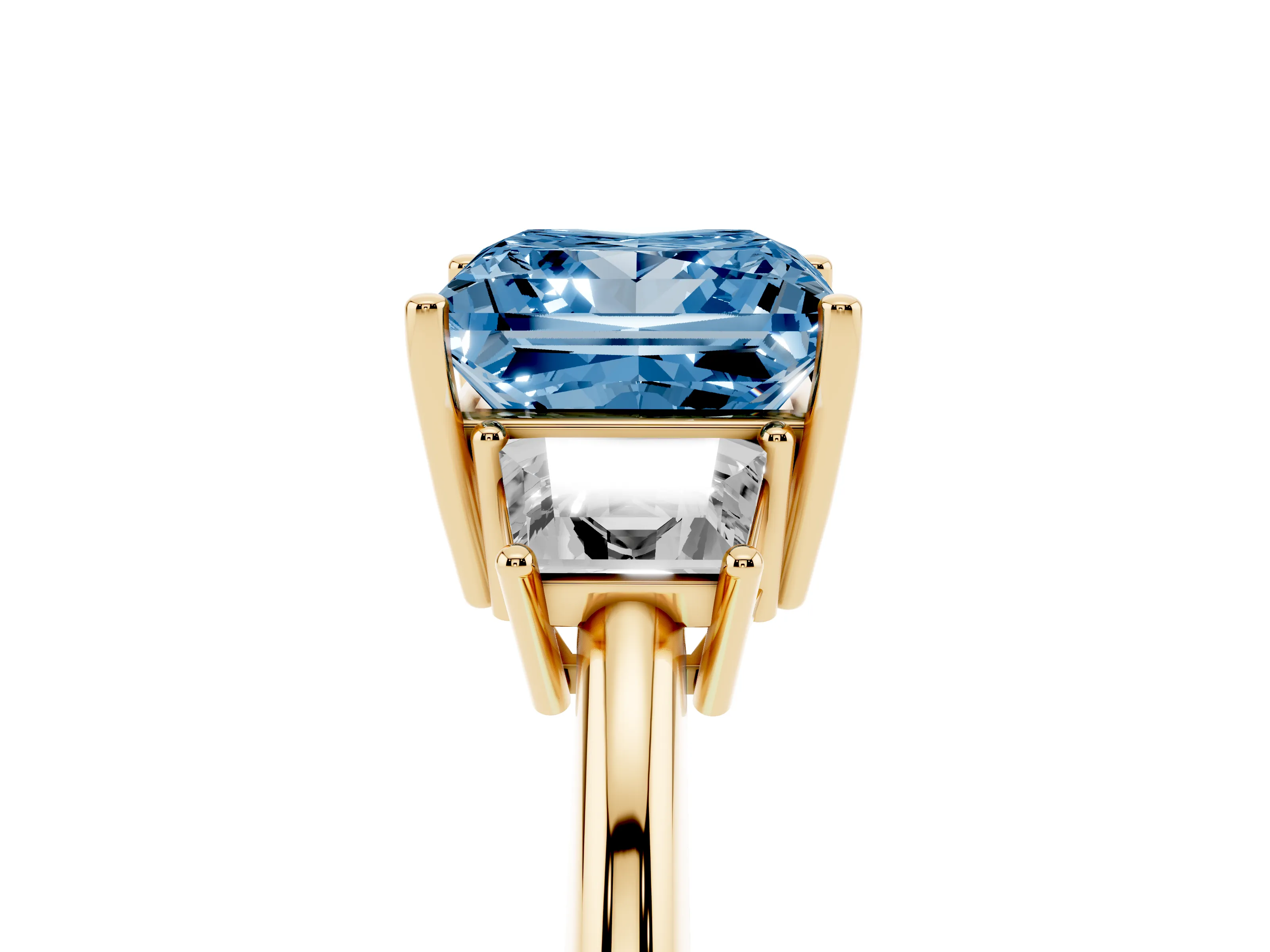 Fancy Blue Princess Cut Diamond Three-Stone Ring Set in Yellow gold with Trapezoid Side Stones and Prong Setting