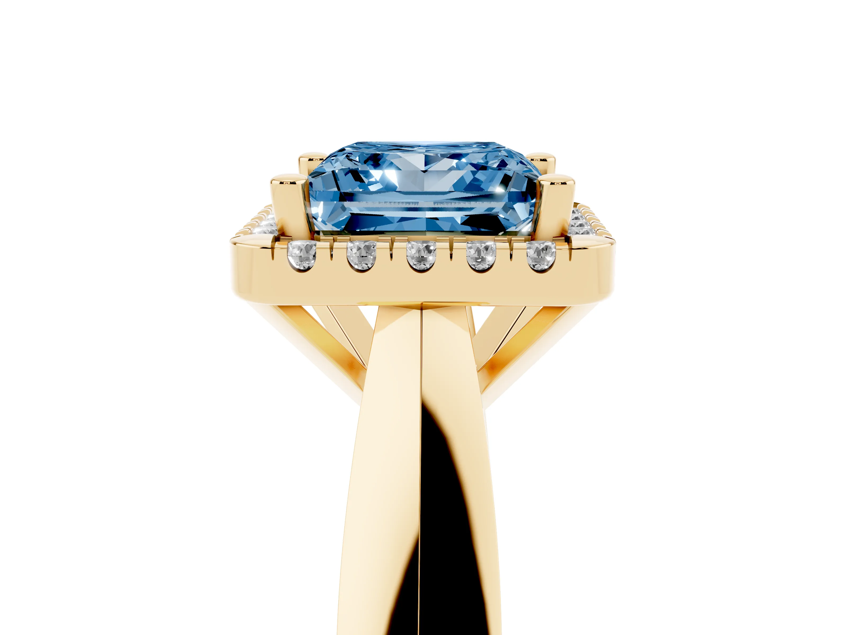 Fancy Blue Princess Cut Diamond Halo Solitaire Engagement Ring Set in Yellow gold with Square Band and Prong Setting