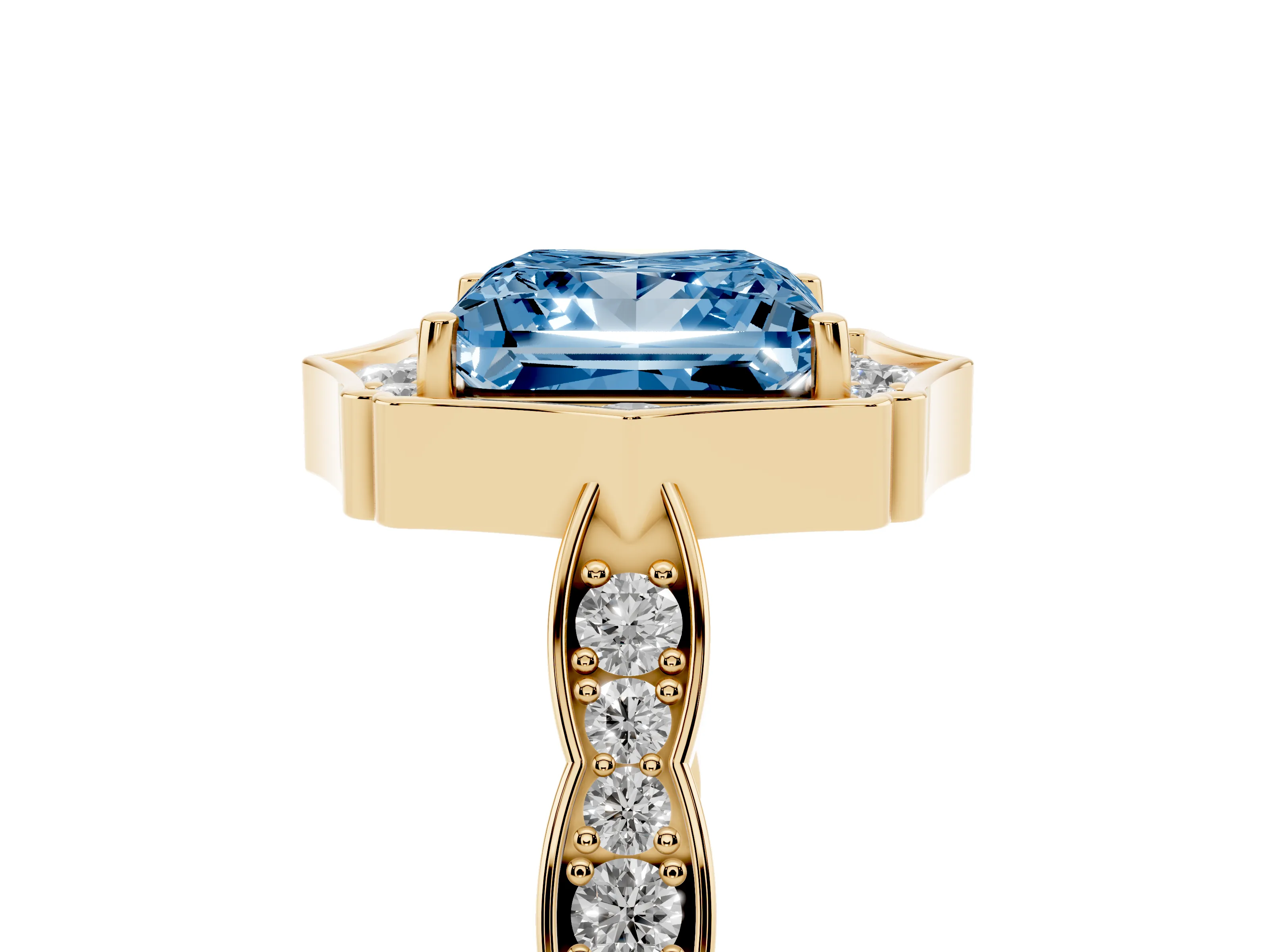 Fancy Blue Princess Cut Diamond Halo Engagement Ring Set in Yellow gold with Milgrain Band and Prong Setting