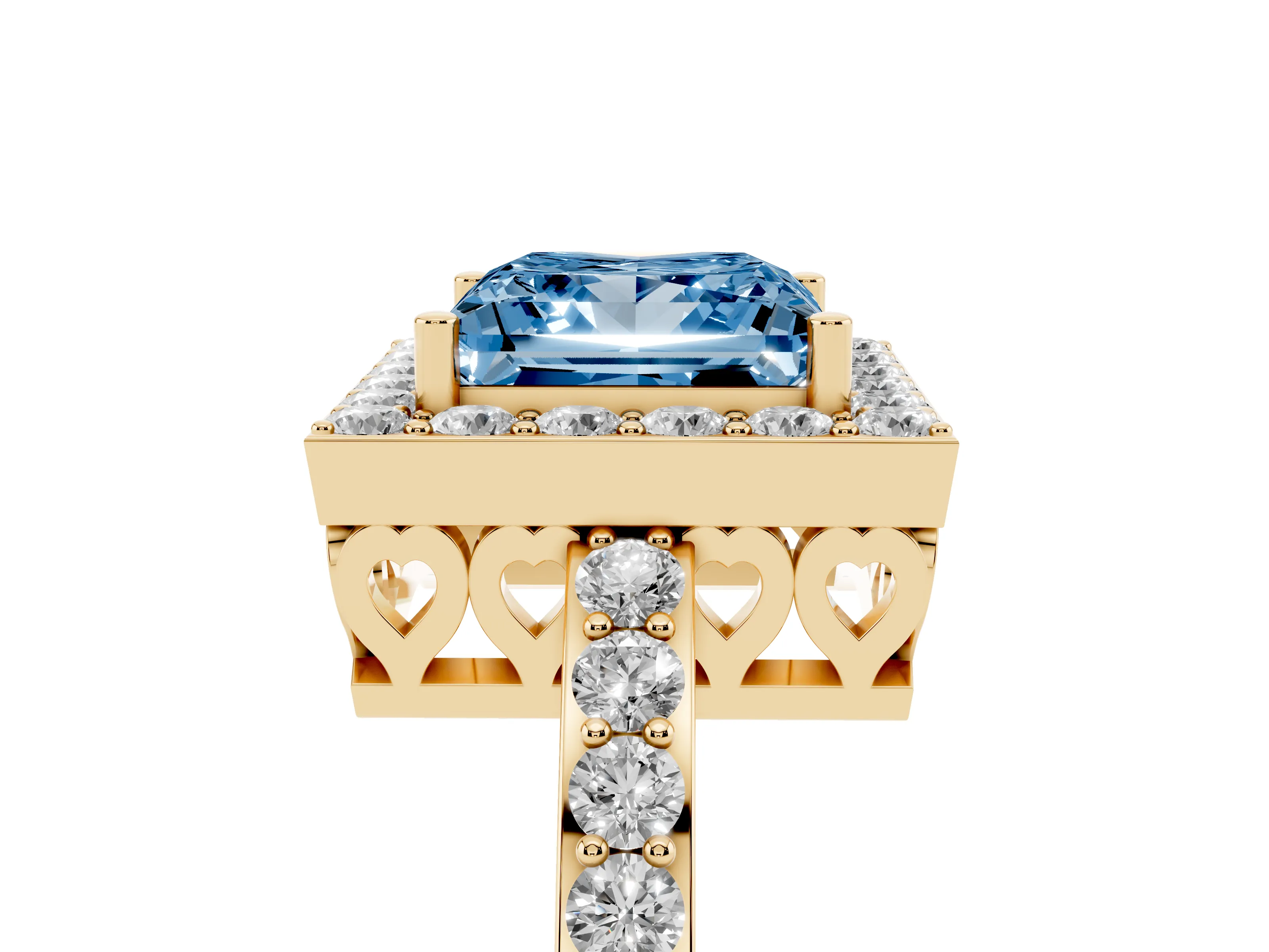 Fancy Blue Princess Cut Diamond Halo Ring Set in Yellow gold with Pavé-Setting Band and Open Prong Center