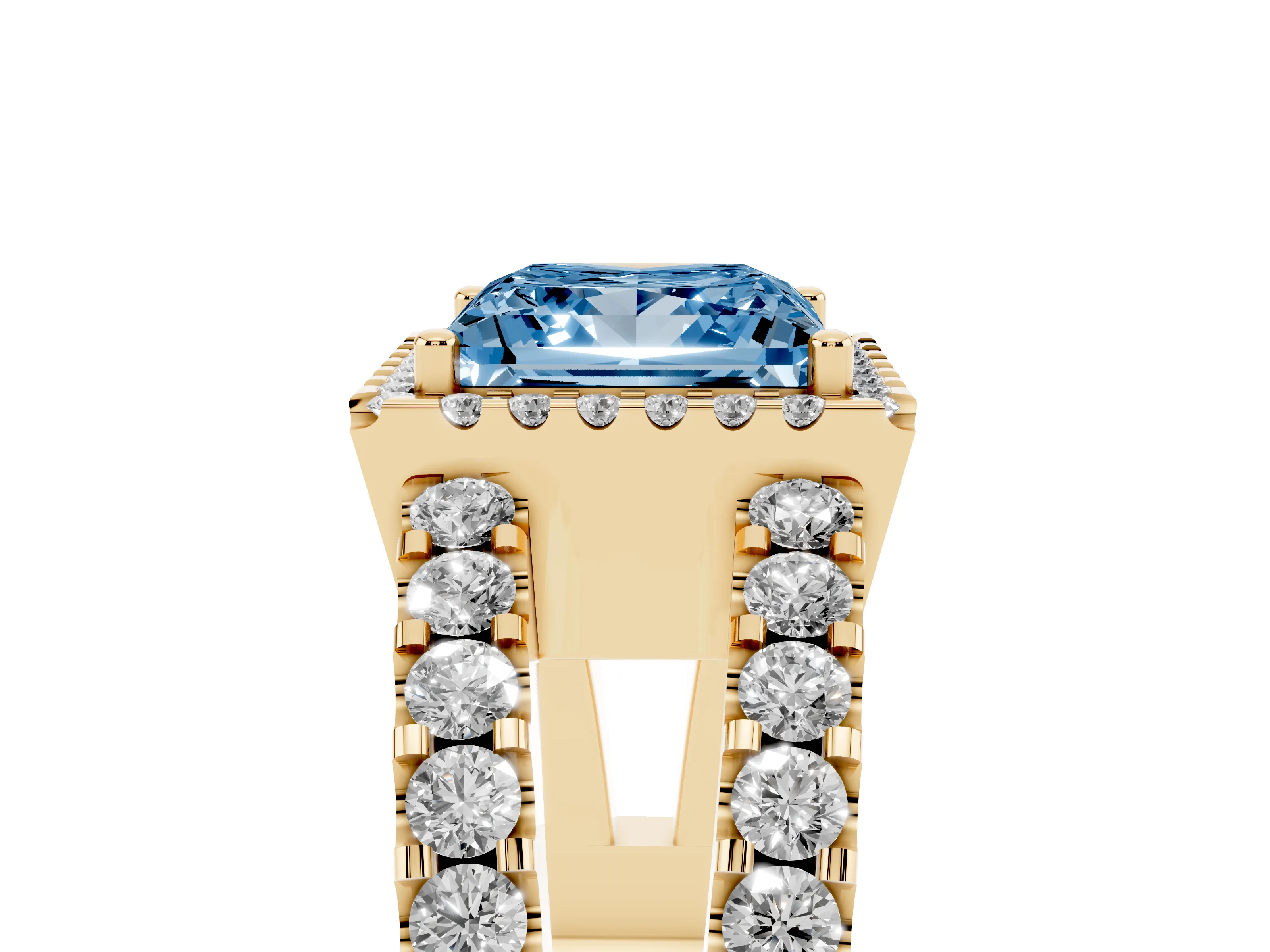 Fancy Blue Princess Cut Diamond Halo Ring Set in Yellow gold with Pavé Split Shank and Prong Setting