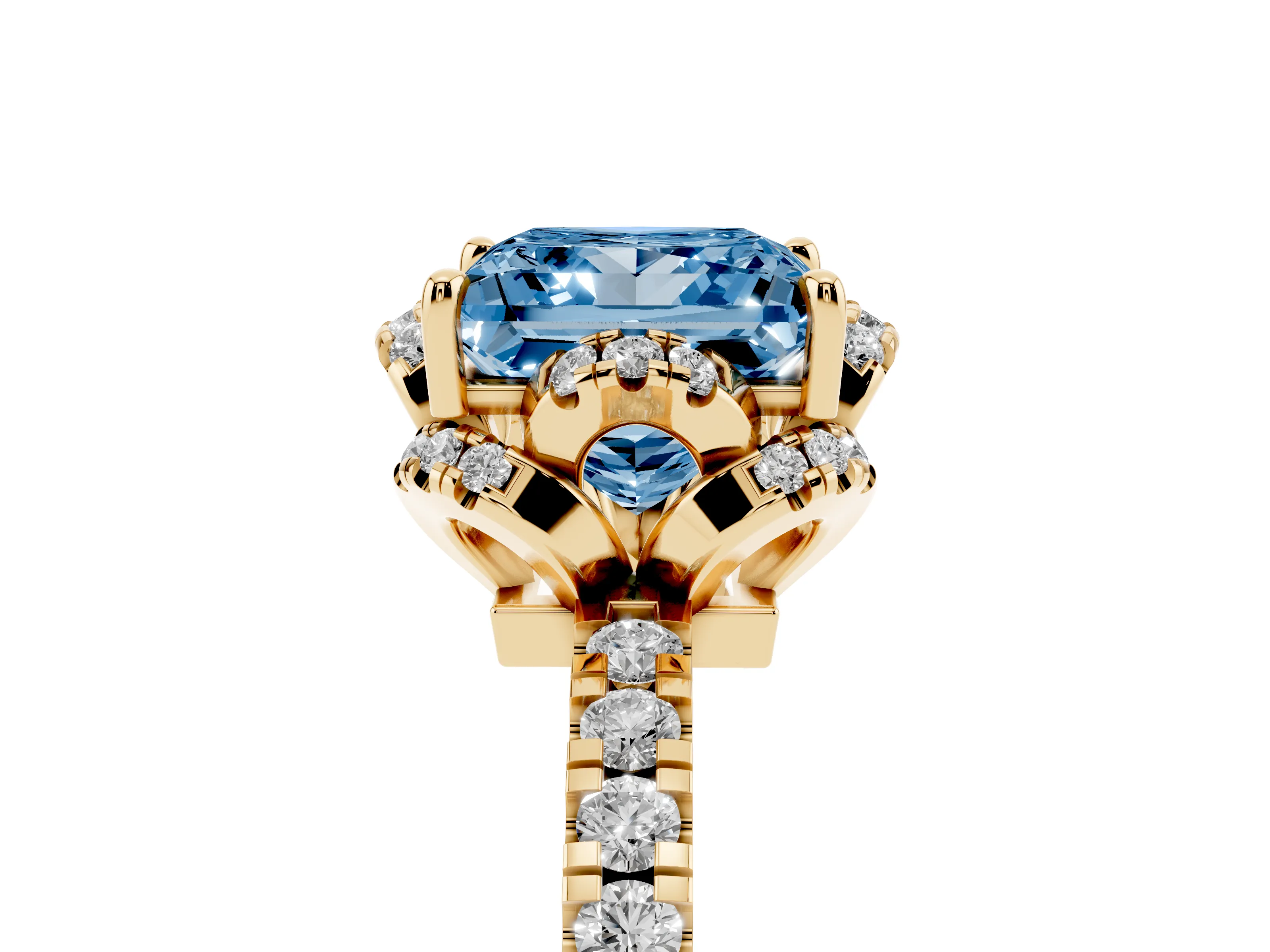 Fancy Blue Princess Cut Diamond Halo Pavé Band Ring Set in Yellow gold with Prong-Held Center