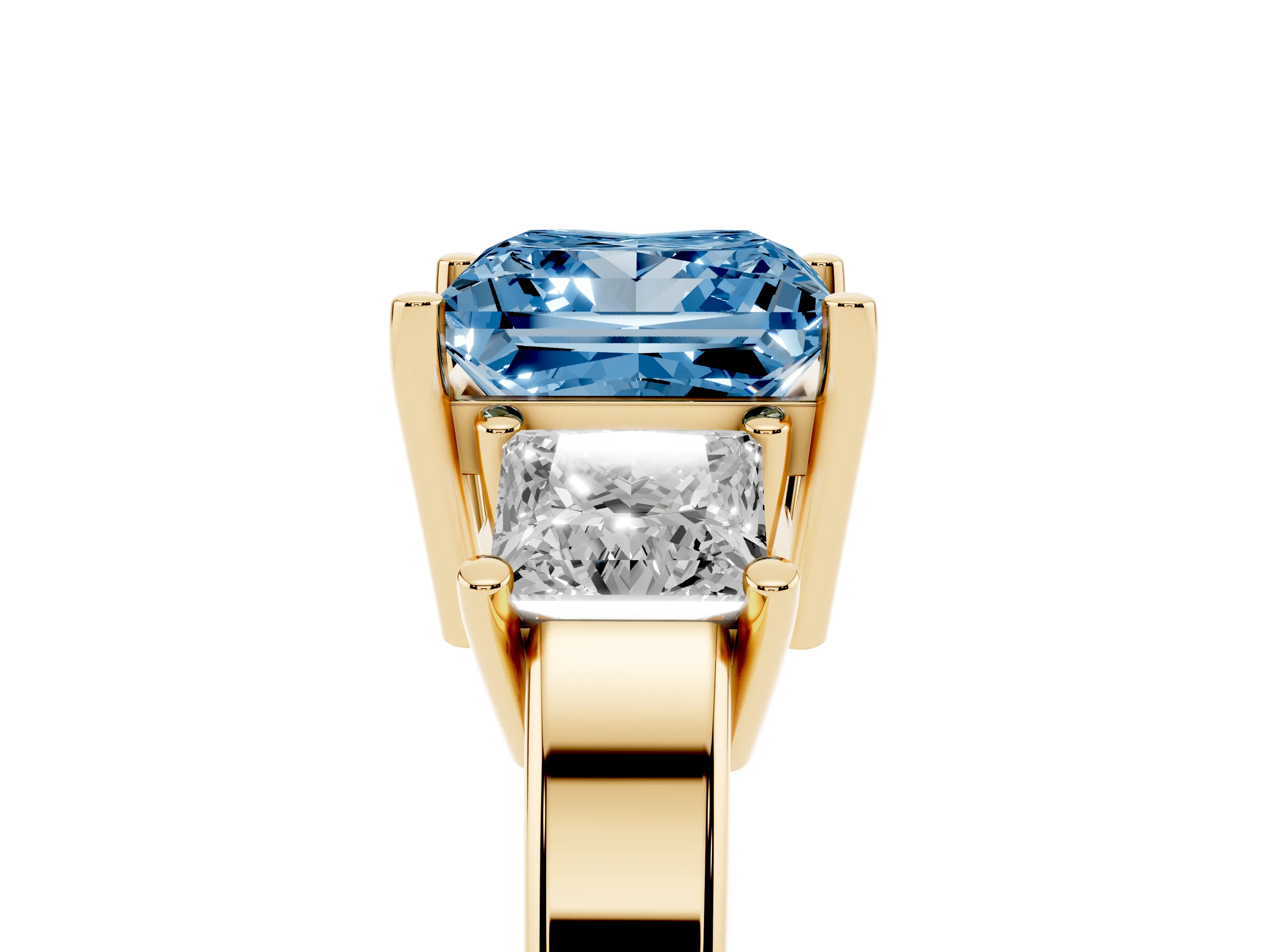 Fancy Blue Three-Stone Princess Cut Diamond Solitaire Ring Set in Yellow gold with Prong Setting